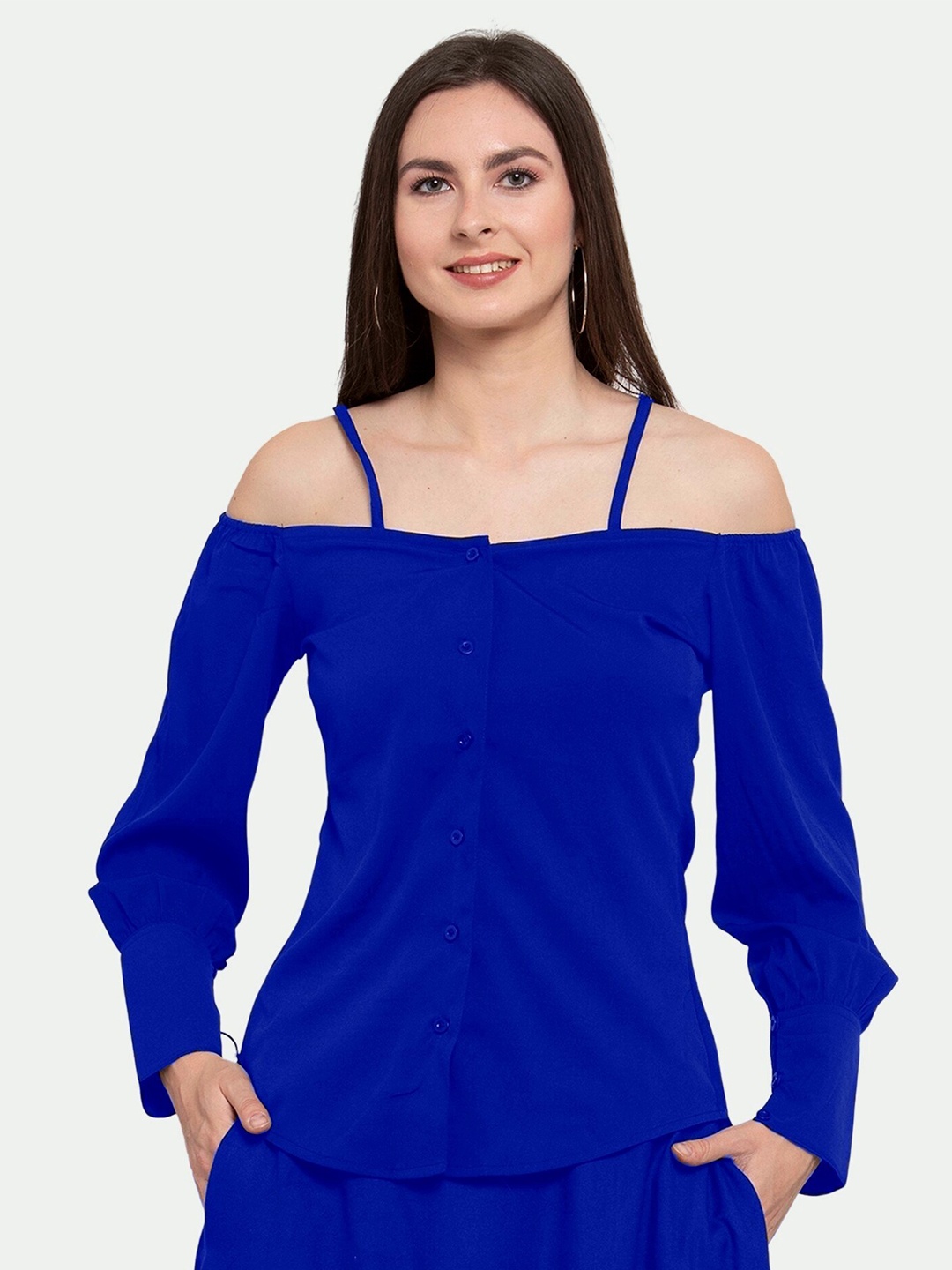 

PATRORNA Women Blue Plus Size Off-Shoulder Shirt Style Top
