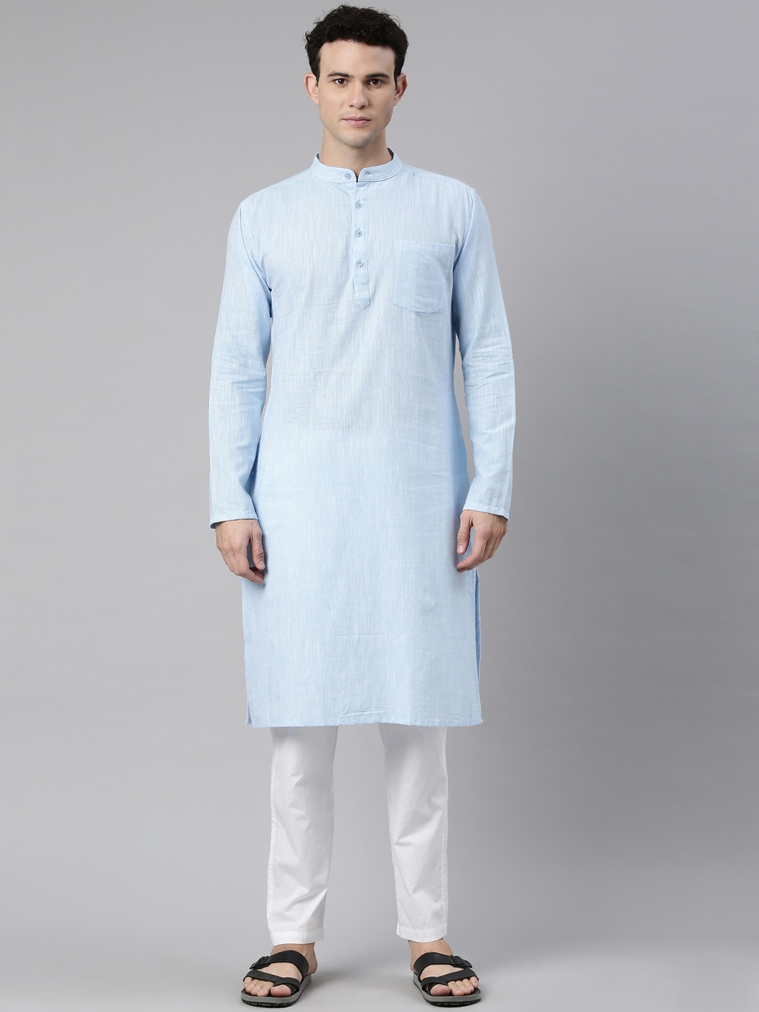 

WHITE HEART Men Blue Solid Cotton Kurta
