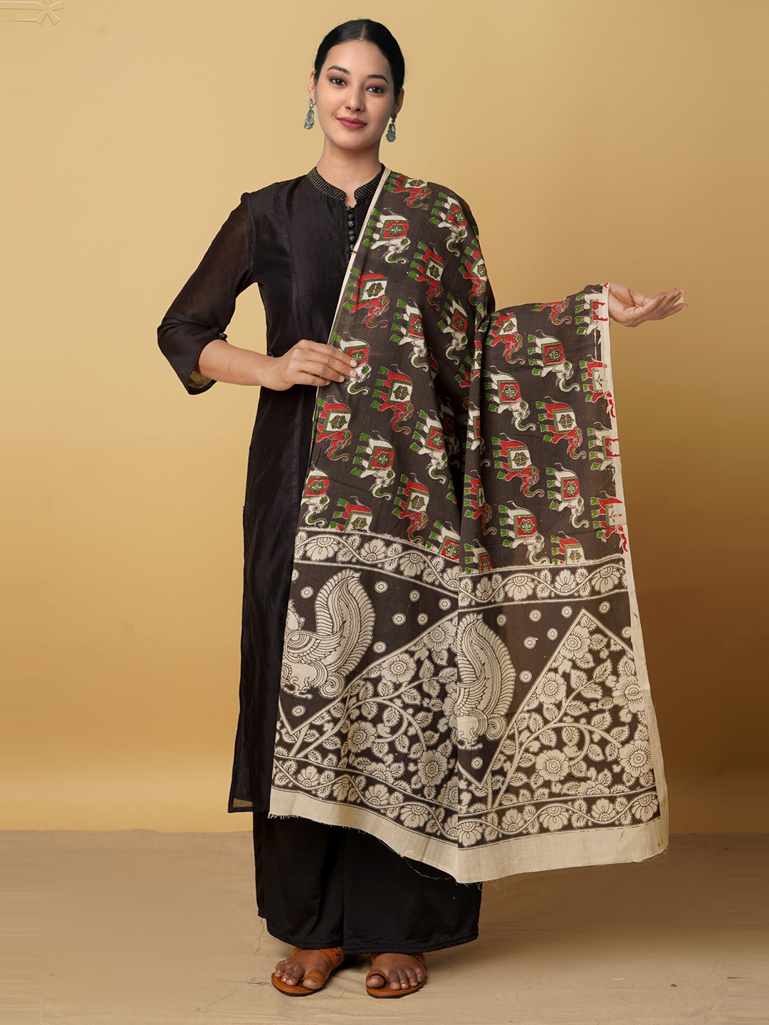 

Unnati Silks Women Ethnic Motifs Printed Pure Cotton Kalamkari Dupatta, Black