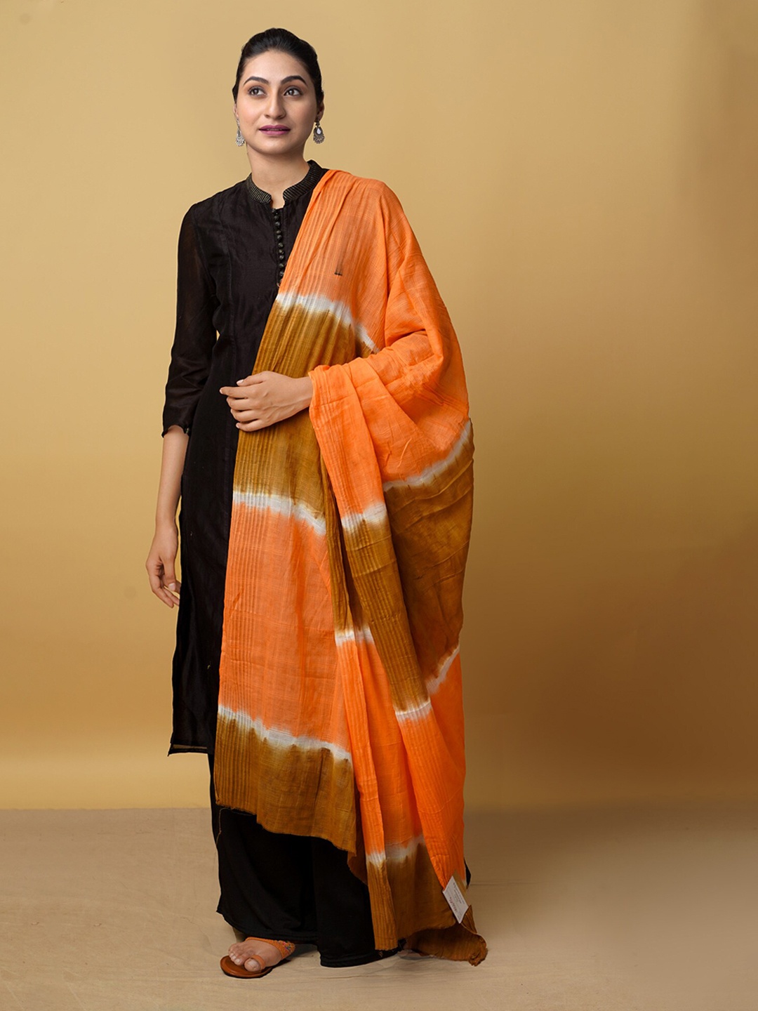 

Unnati Silks Orange & Brown Ombre Printed Pure Cotton Tie and Dye Dupatta