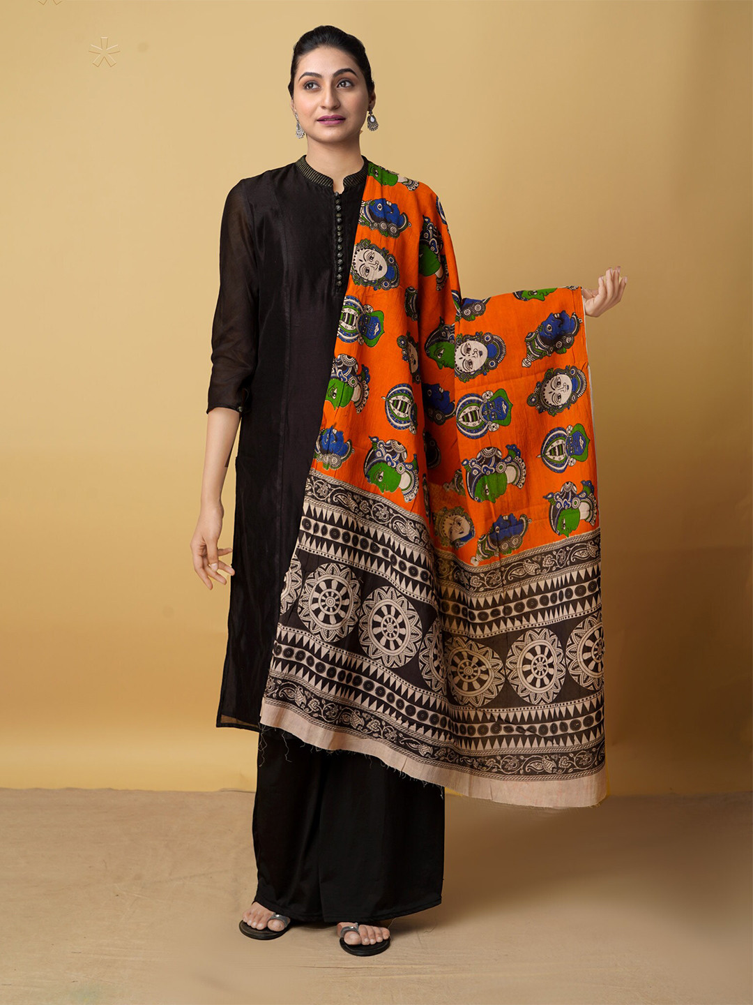 

Unnati Silks Orange & Blue Ethnic Motifs Printed Pure Cotton Kalamkari Dupatta