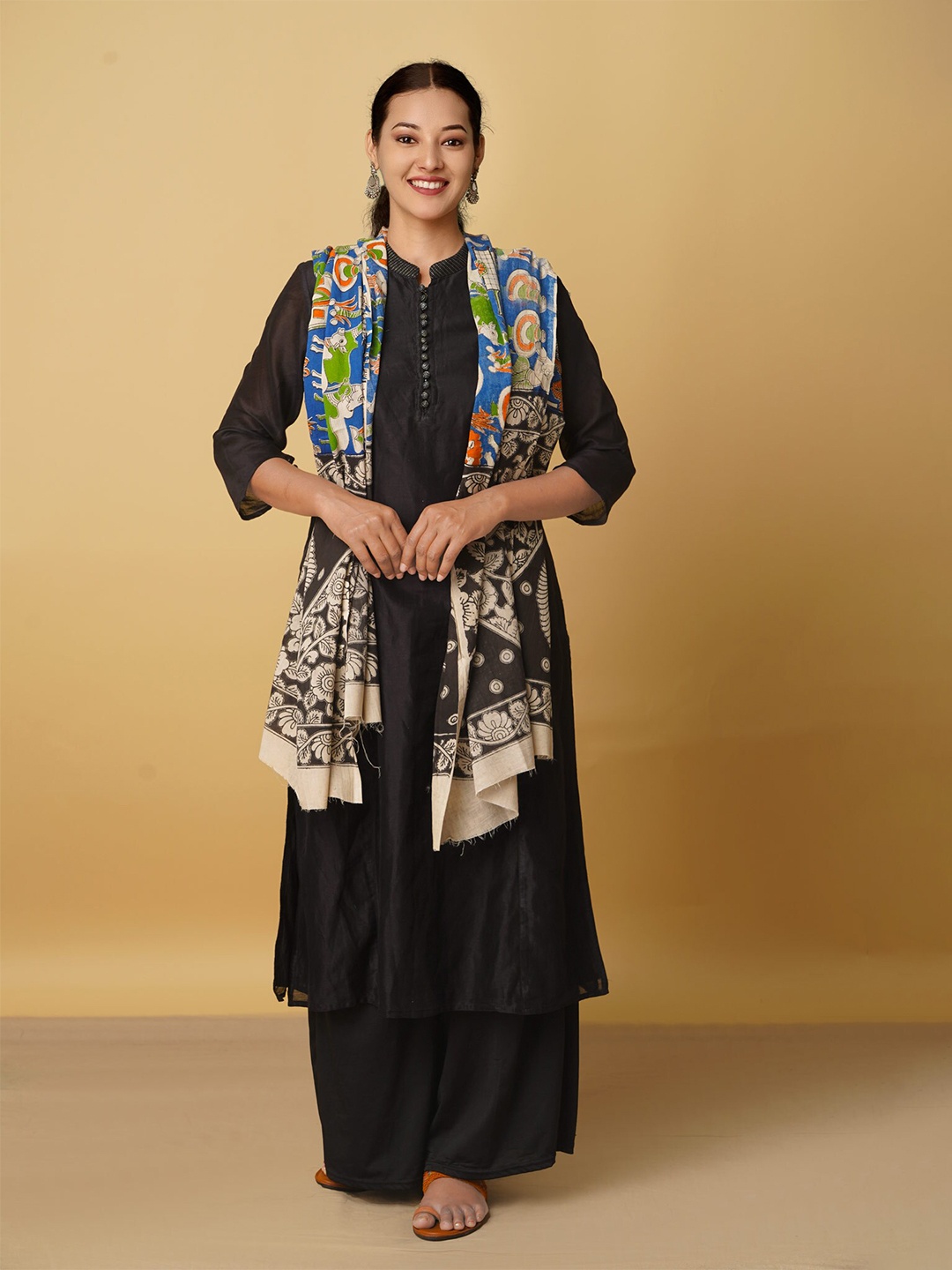

Unnati Silks Blue & Off White Ethnic Motifs Printed Pure Cotton Kalamkari Dupatta