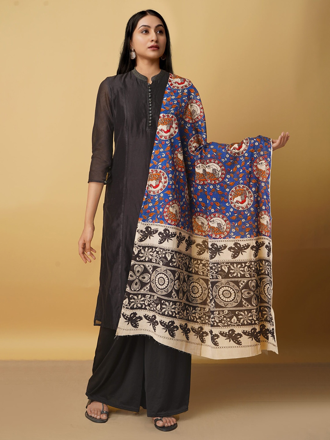 

Unnati Silks Blue & Black Ethnic Motifs Printed Pure Cotton Kalamkari Dupatta