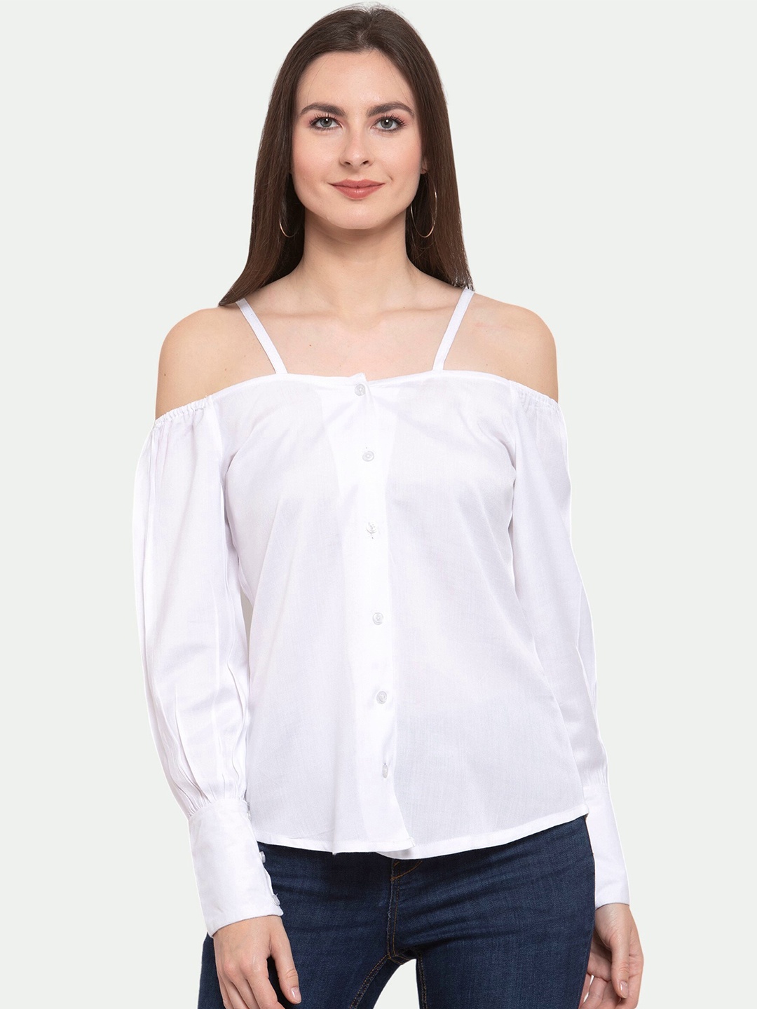 

PATRORNA Women White Off-Shoulder Shirt Style Top
