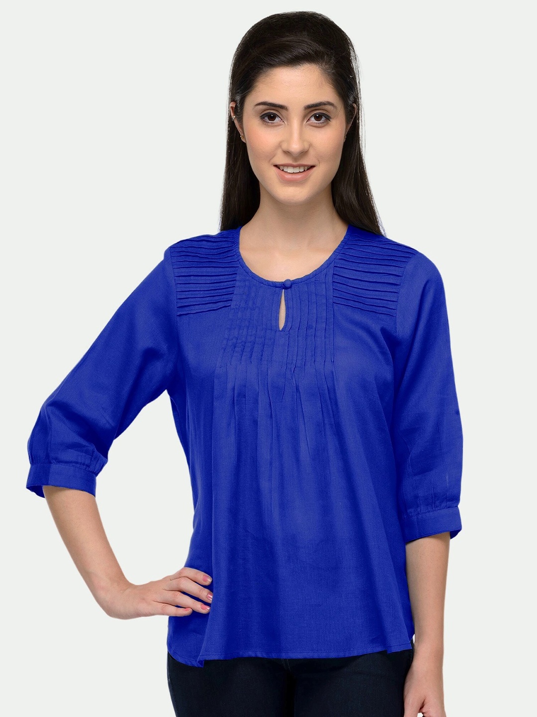 

PATRORNA Women Blue Solid Keyhole Neck Top