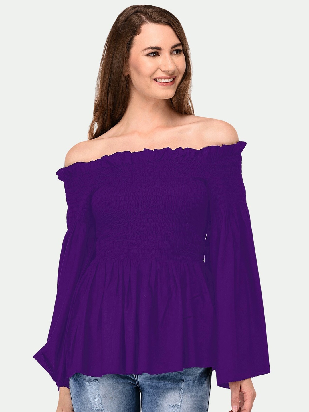 

PATRORNA Women Purple Off-Shoulder Bardot Top