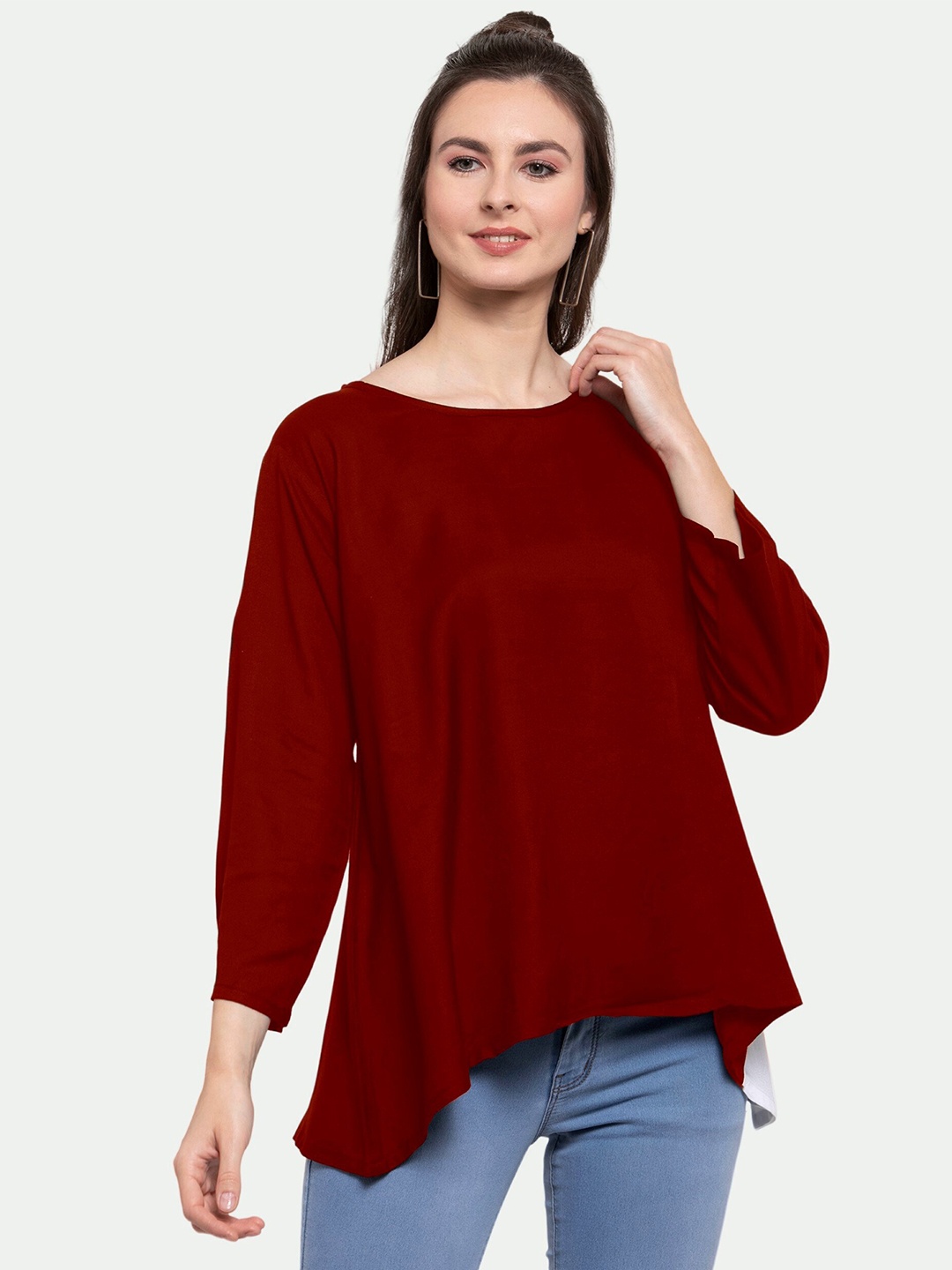 

PATRORNA Women Maroon Colourblocked High-Low Top