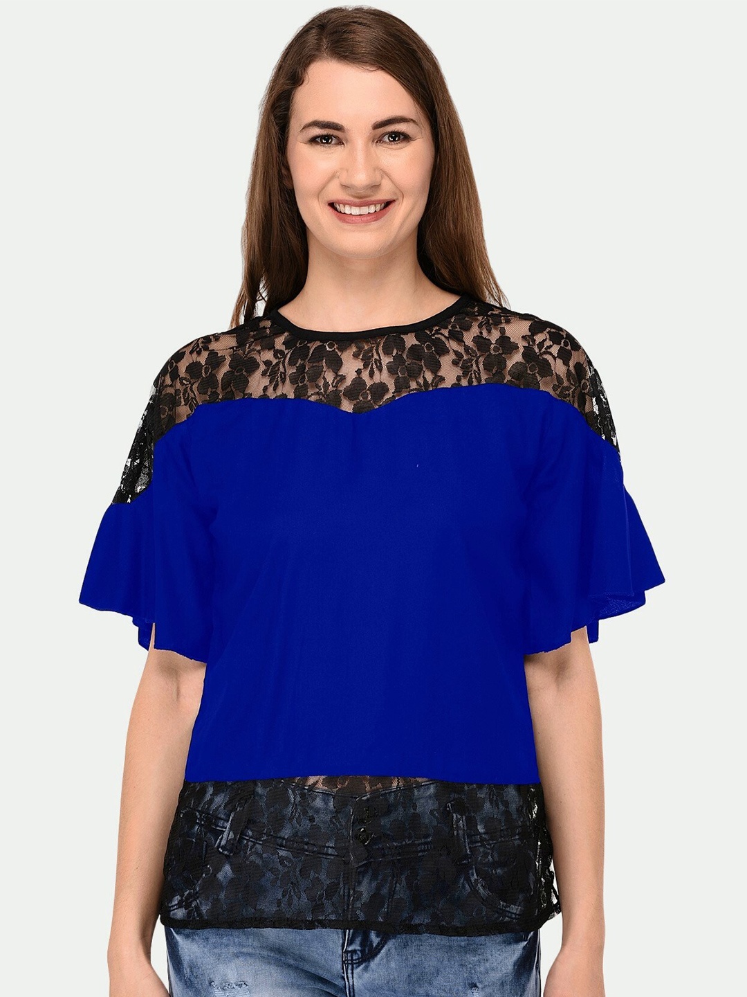 

PATRORNA Women Plus Size Blue & Black Solid Lace Top