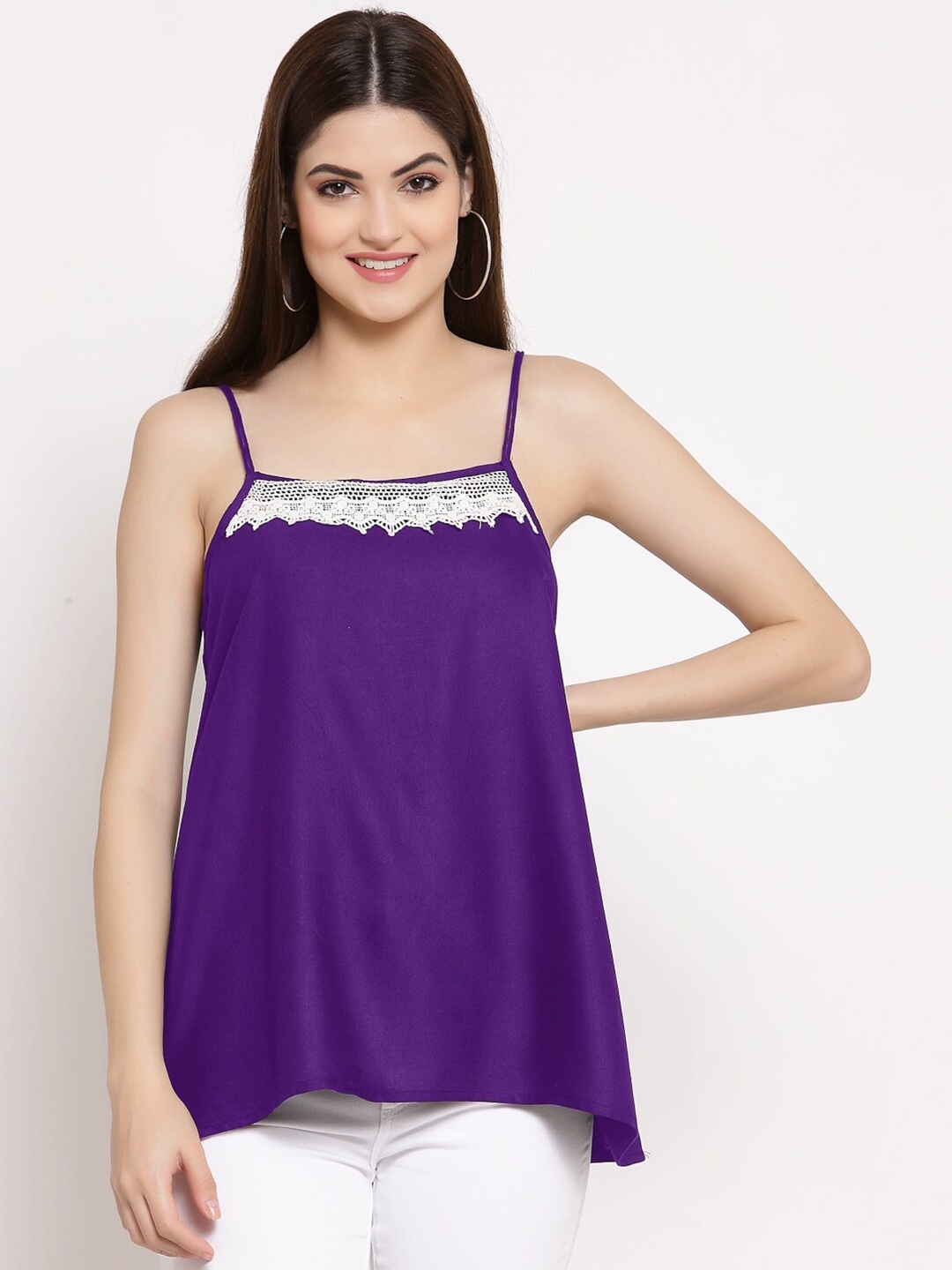 

PATRORNA Women Purple & White Lace Detailed A-line Top