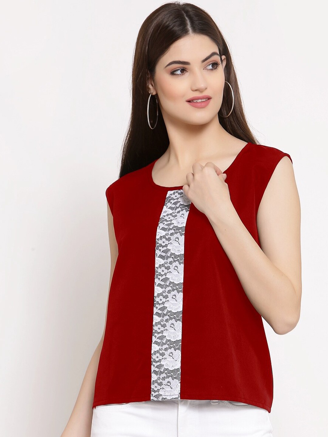 

PATRORNA Women Maroon & White Top