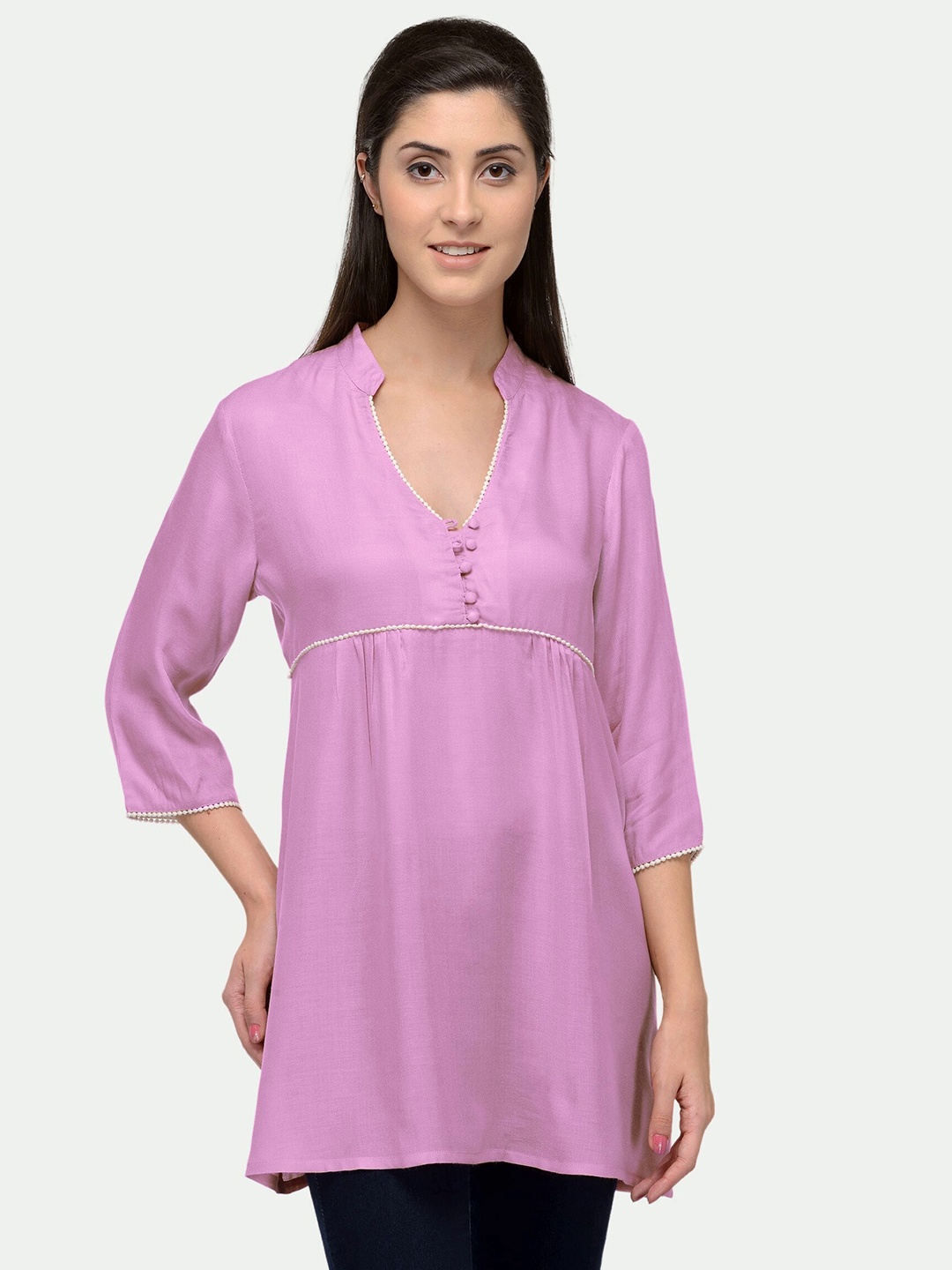 

PATRORNA Women Mandarin Collar Empire Longline Top, Pink