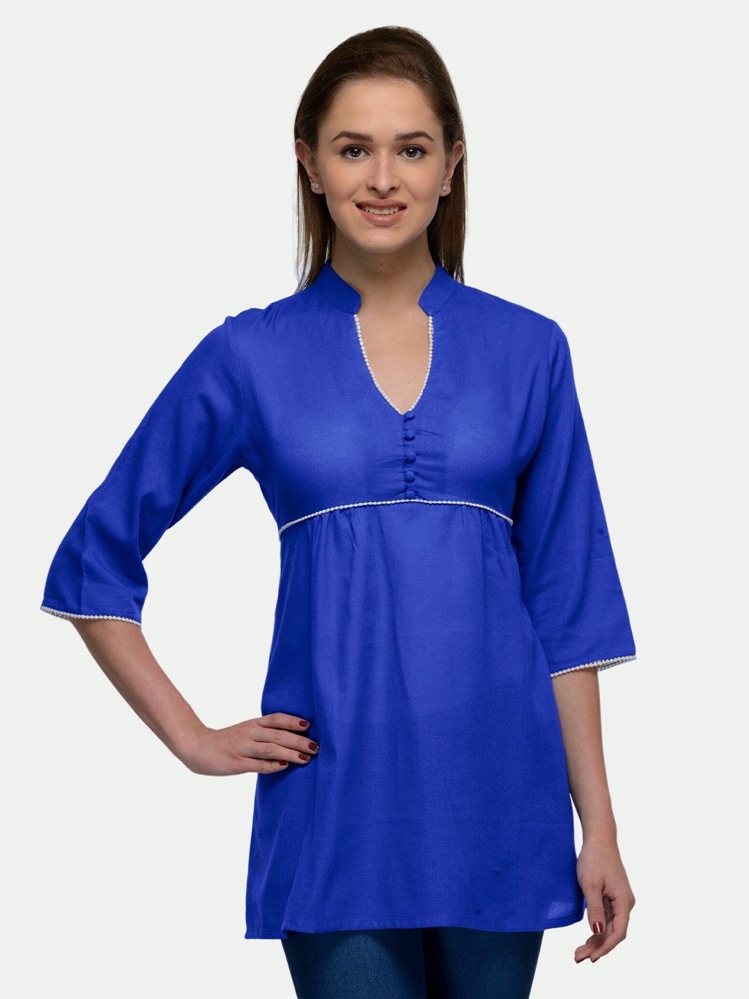 

PATRORNA Women Mandarin Collar Empire Longline Top, Blue