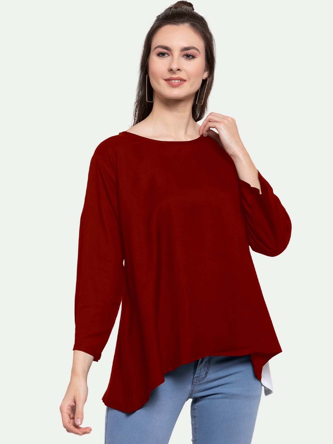 

PATRORNA Women Maroon & White Colourblocked Top