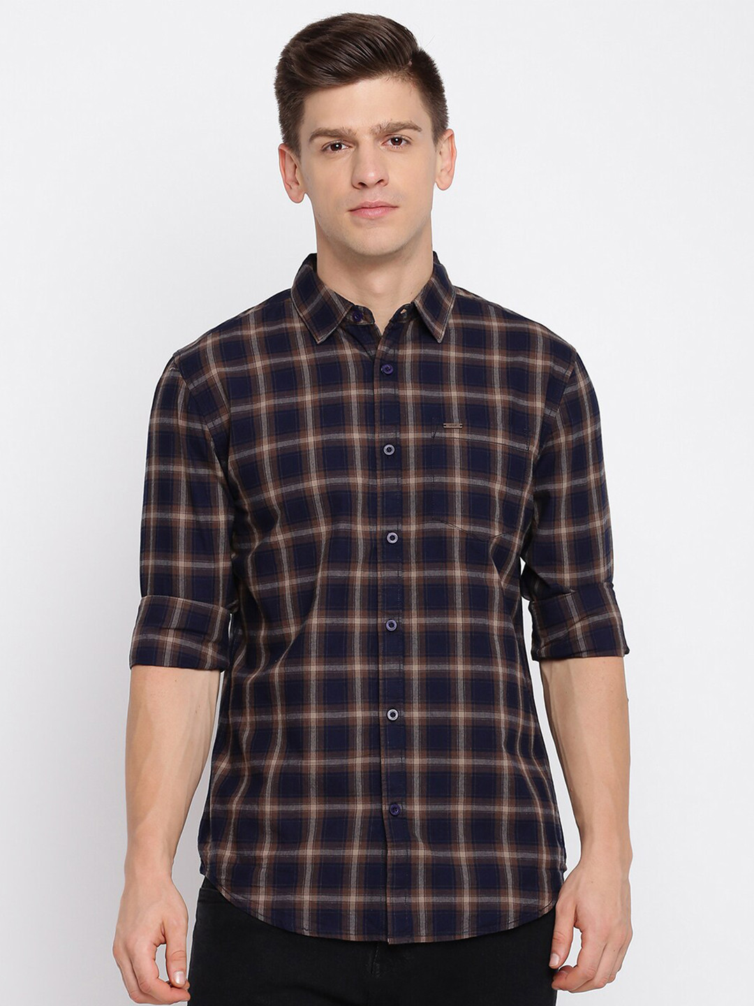 

abof Men Slim Fit Tartan Checked Cotton Casual Shirt, Navy blue