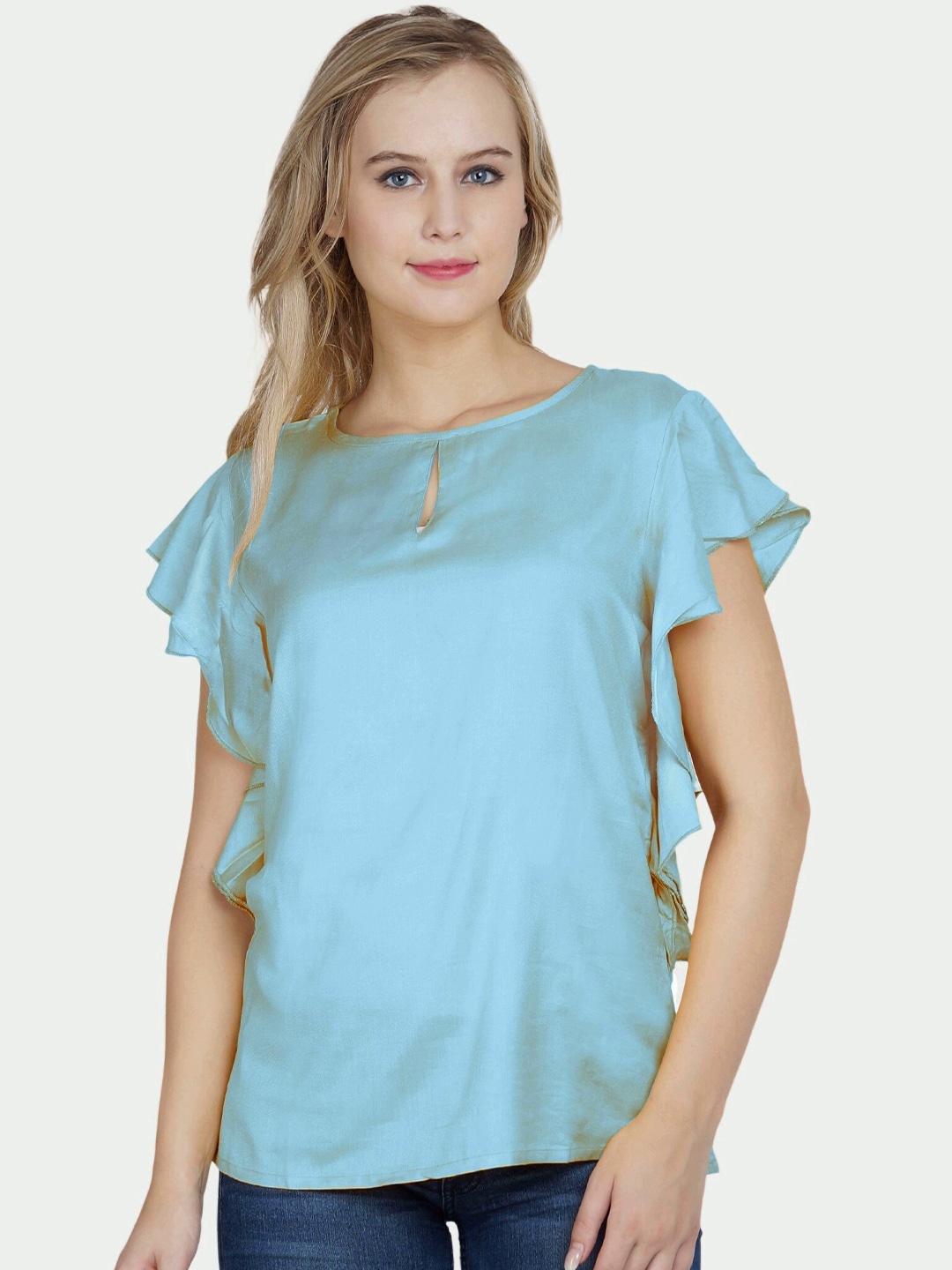 

PATRORNA Women Blue Solid Keyhole Neck Ruffle Top