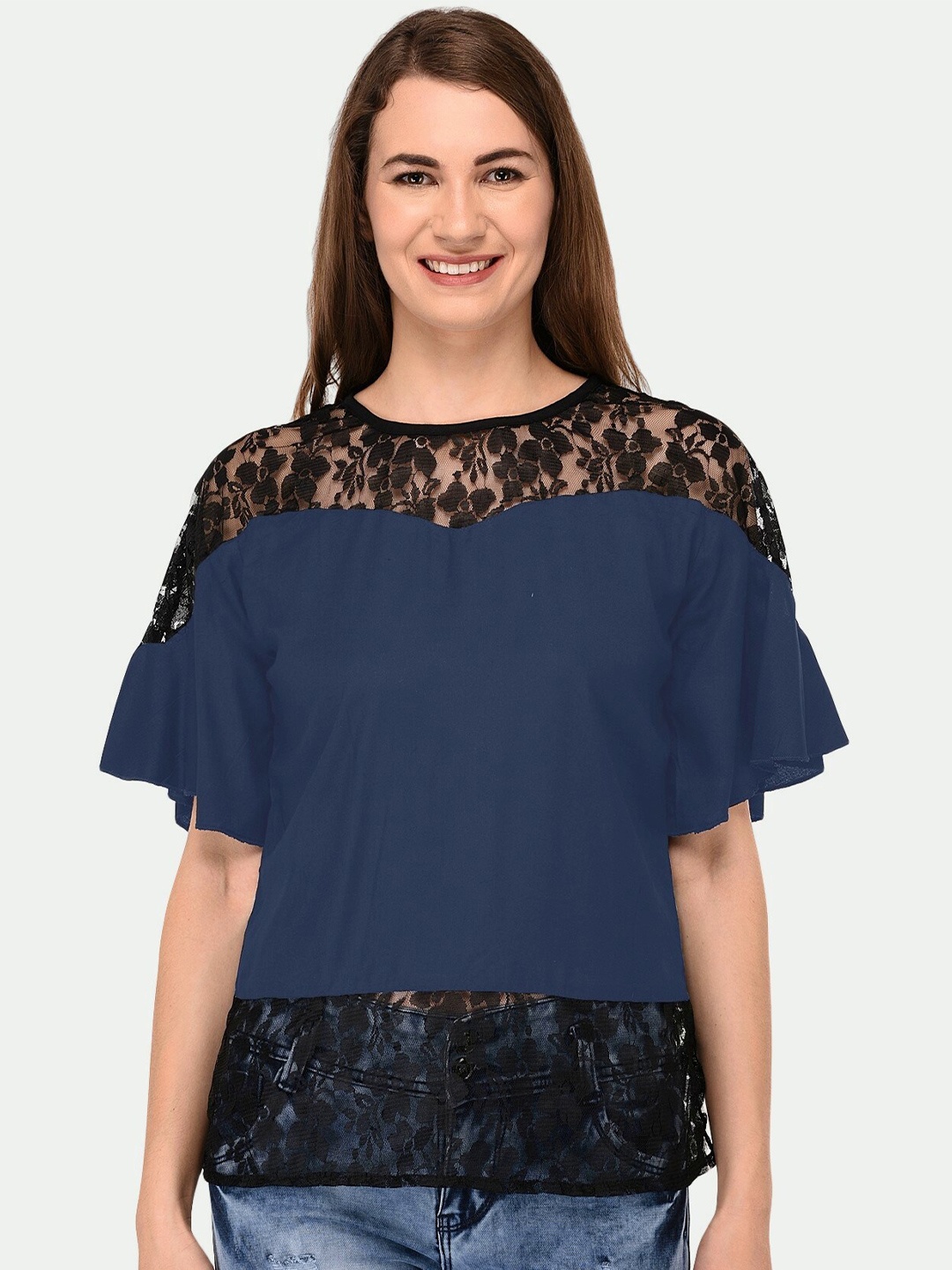 

PATRORNA Navy Blue & Black Solid Top