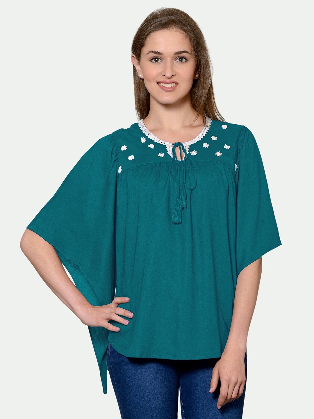 

PATRORNA Women Green Tie Up Neck Kimono Sleeves Lace Detail Top