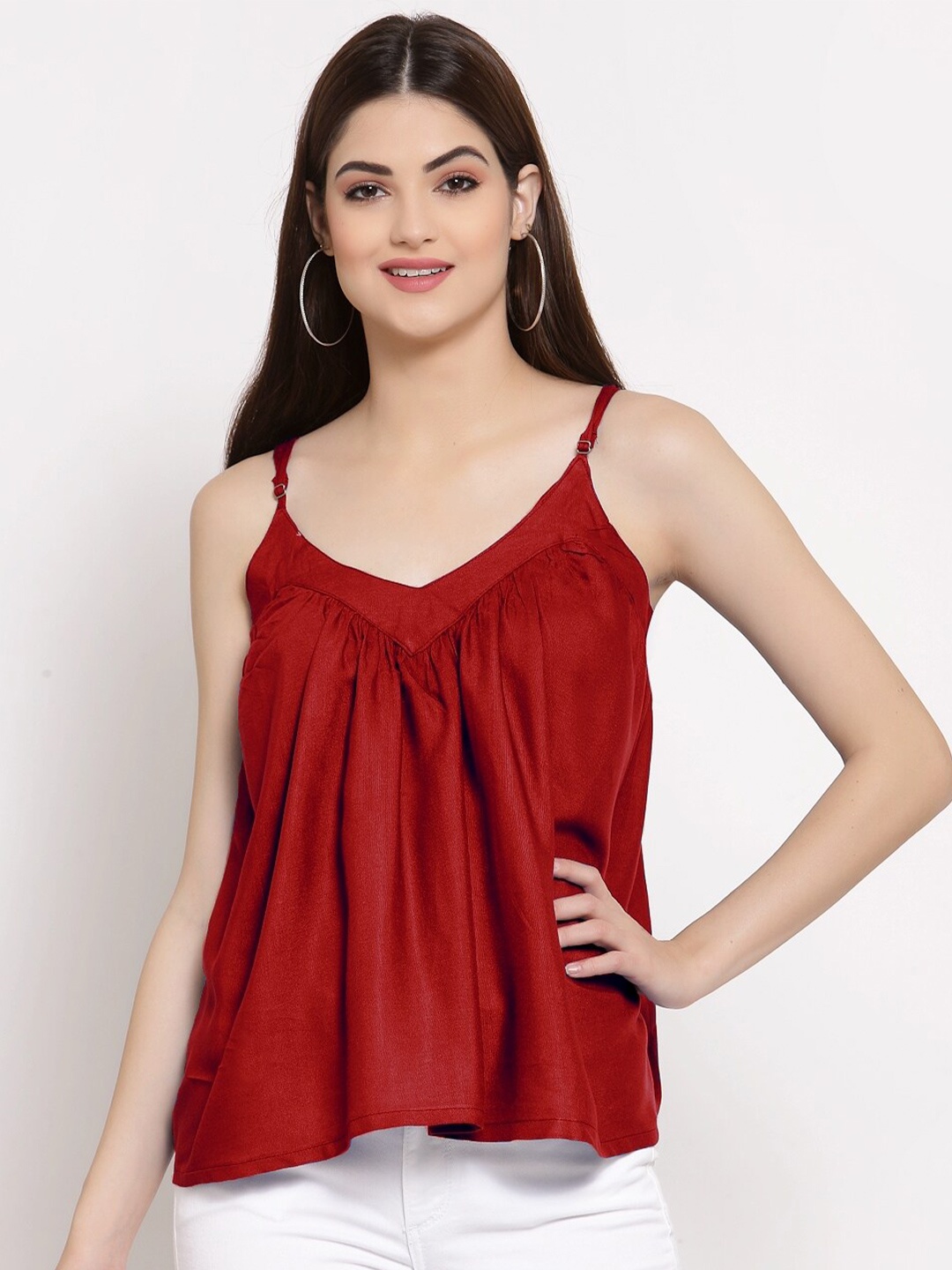 

PATRORNA Women Maroon Shoulder Straps Cotton Blend Top