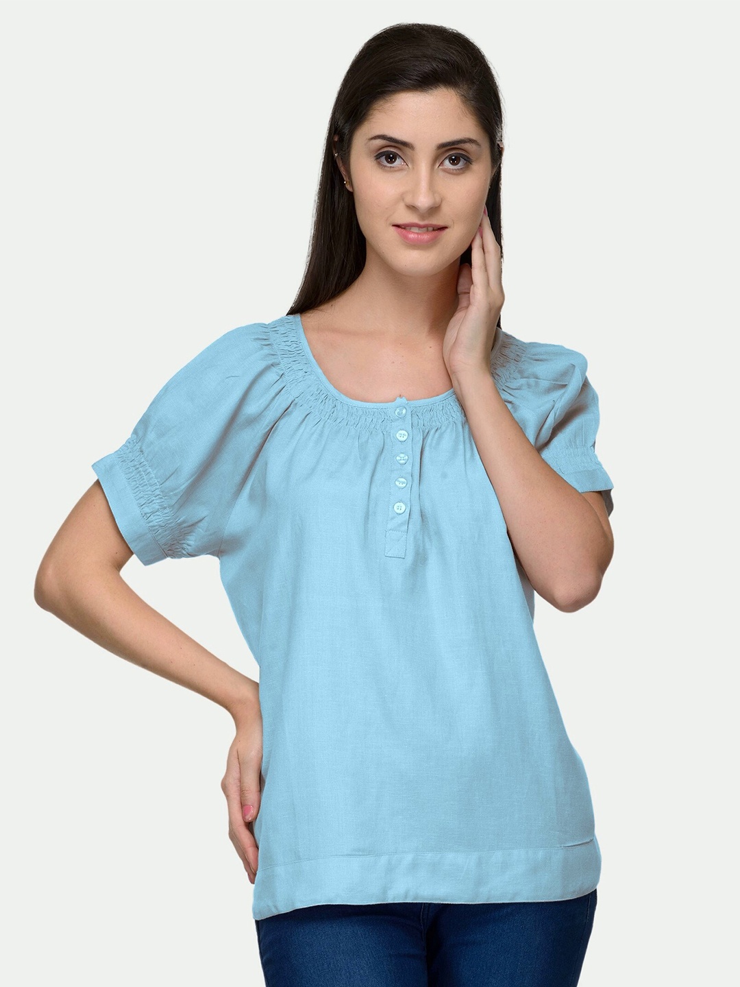 

PATRORNA Women Blue Solid Round Neck Puff-Sleeves Cotton Blend Top