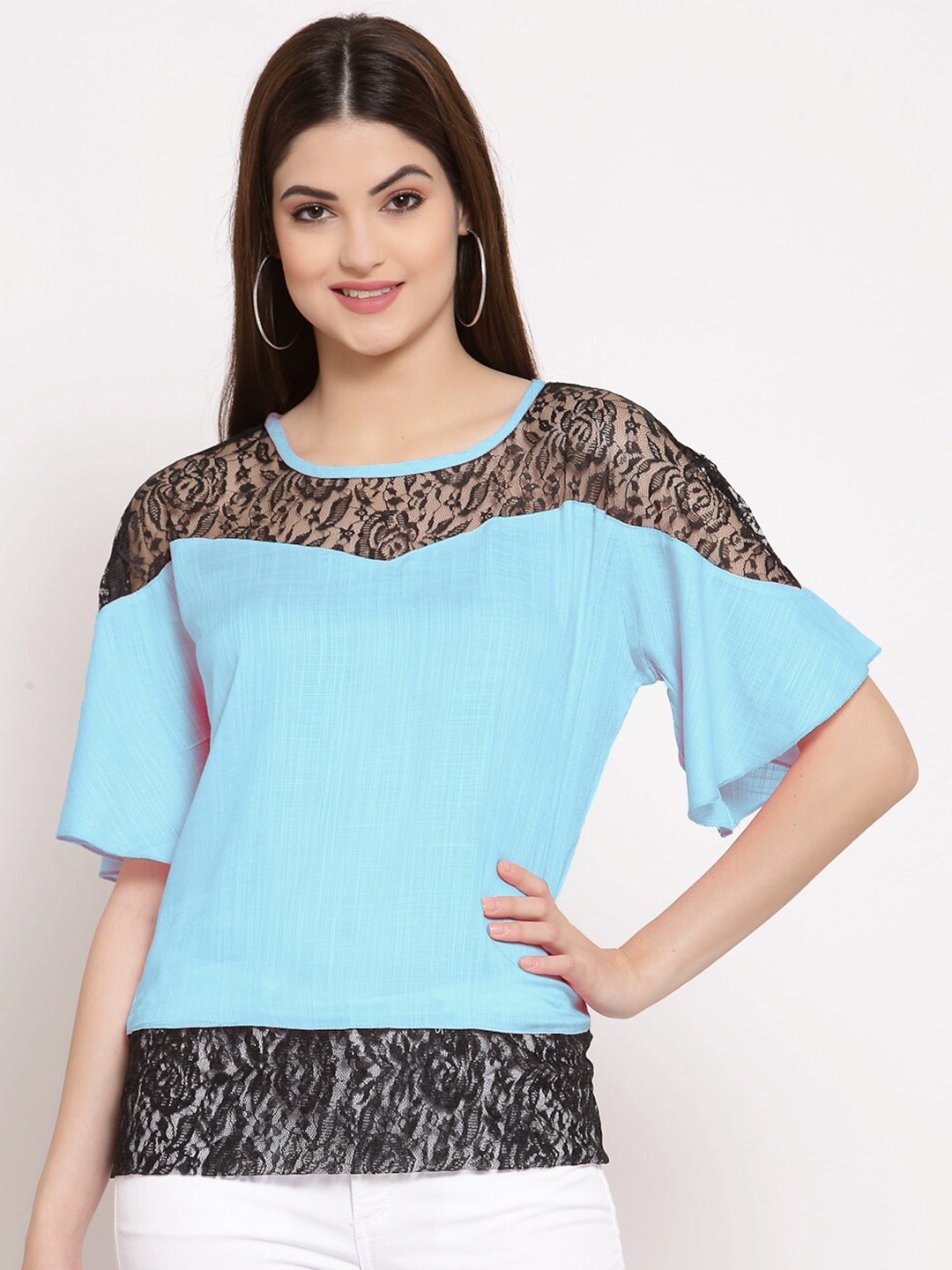 

PATRORNA Women Blue & Black Lace Work Flared Sleeves Cotton Blend Top