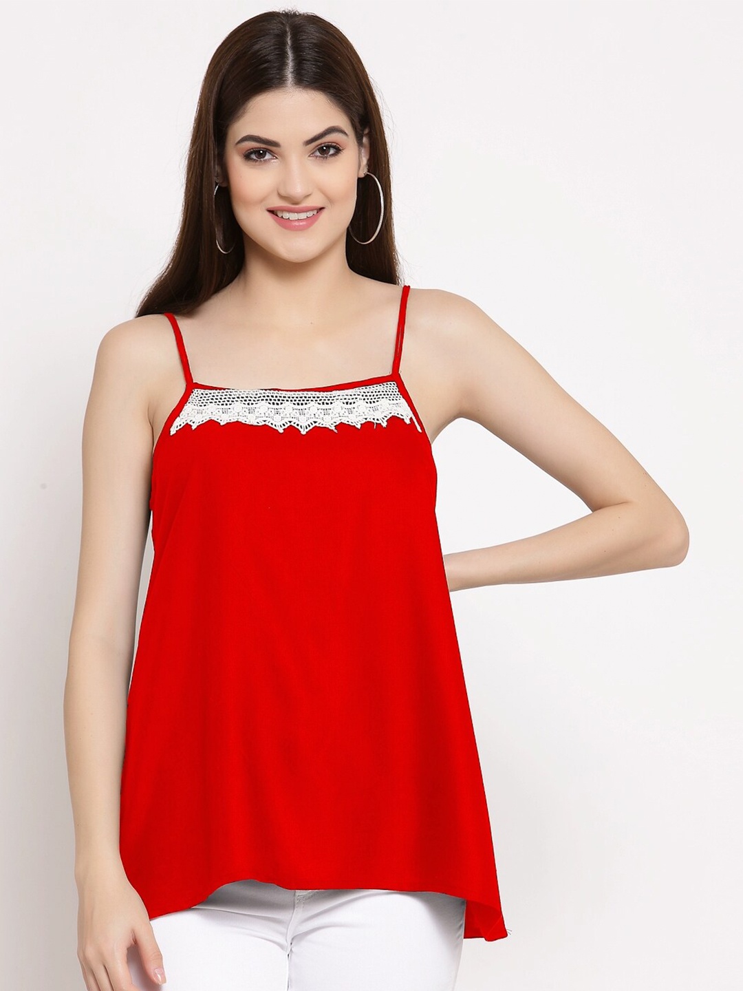 

PATRORNA Women Red Solid Shoulder Strap A-Line Top