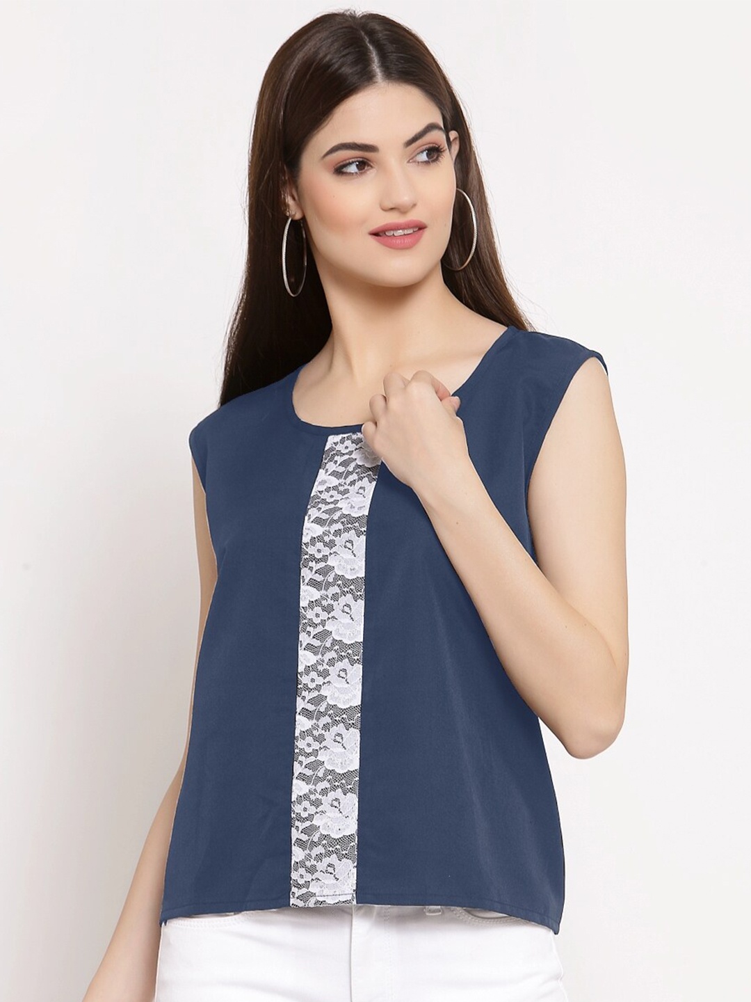 

PATRORNA Women Grey And White Lace Detail Sleeveless Top
