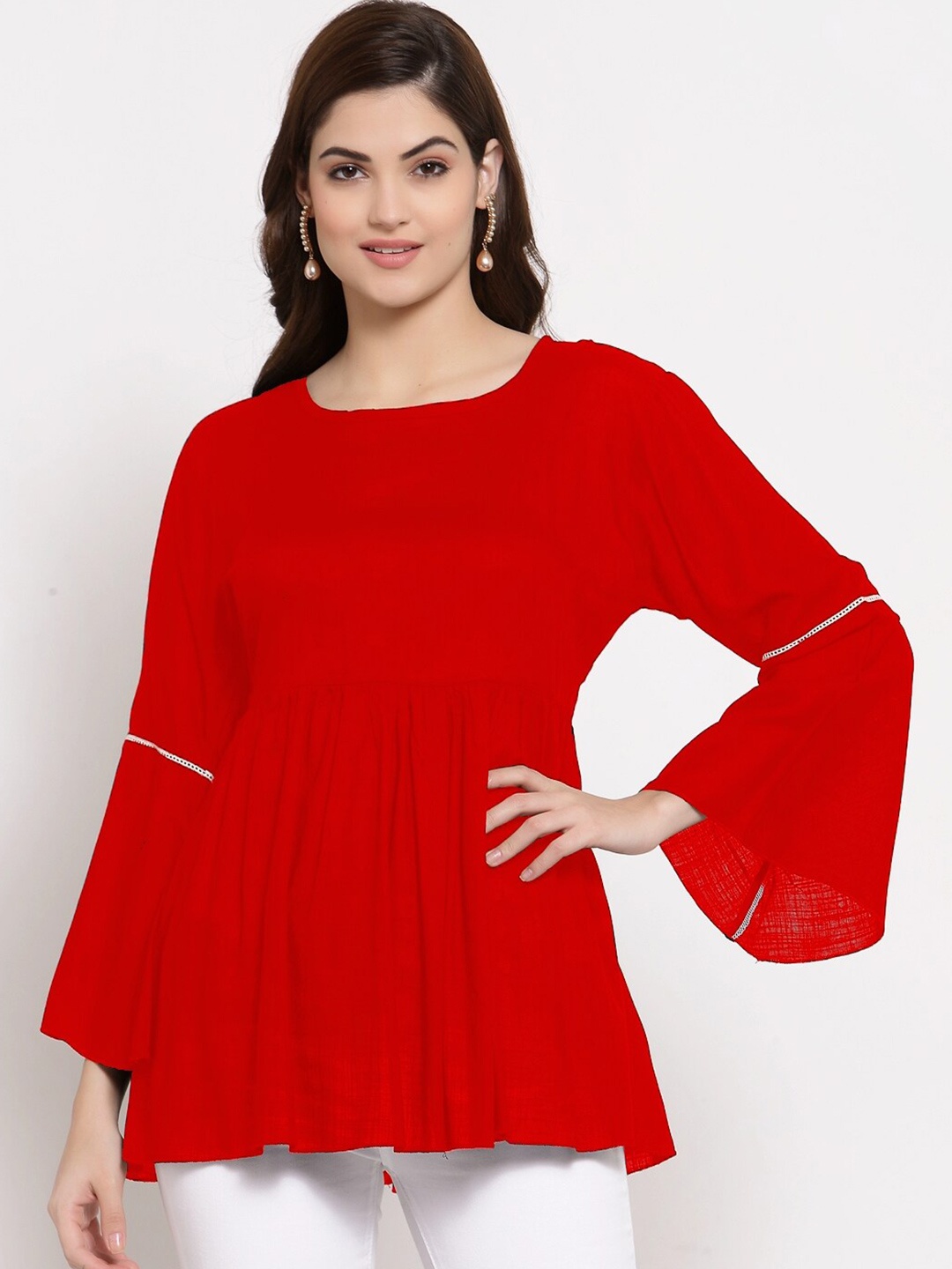 

PATRORNA Women Red Solid Bell Sleeves Peplum Top