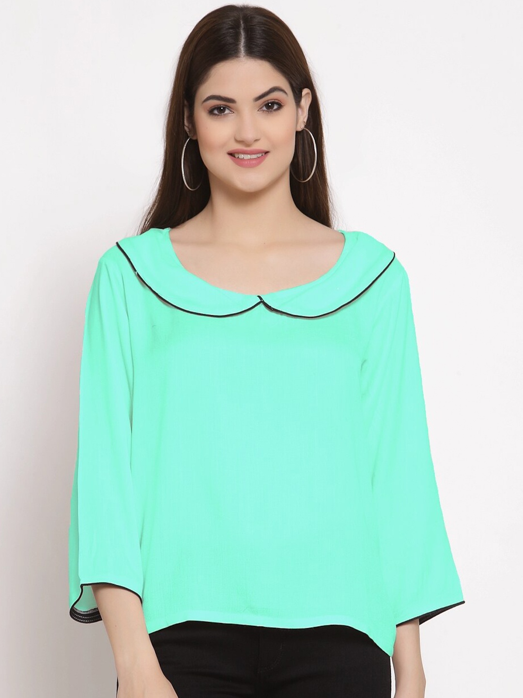 

PATRORNA Women Sea Green Solid Peter Pan Collar Top