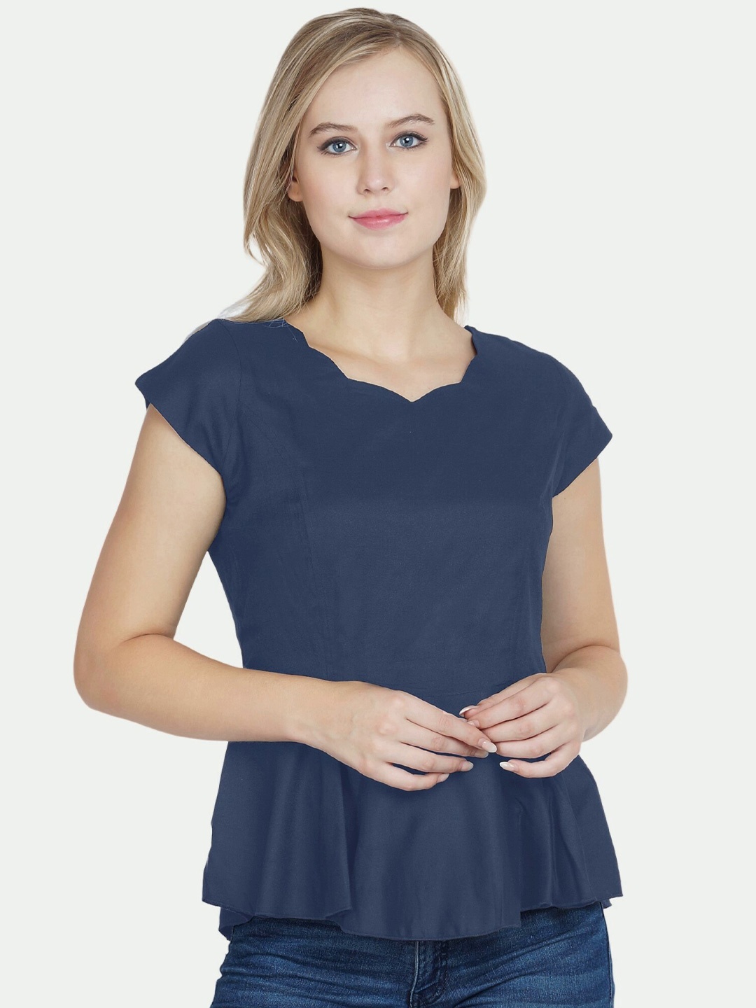 

PATRORNA Women Grey Solid Short Sleeves Peplum Top