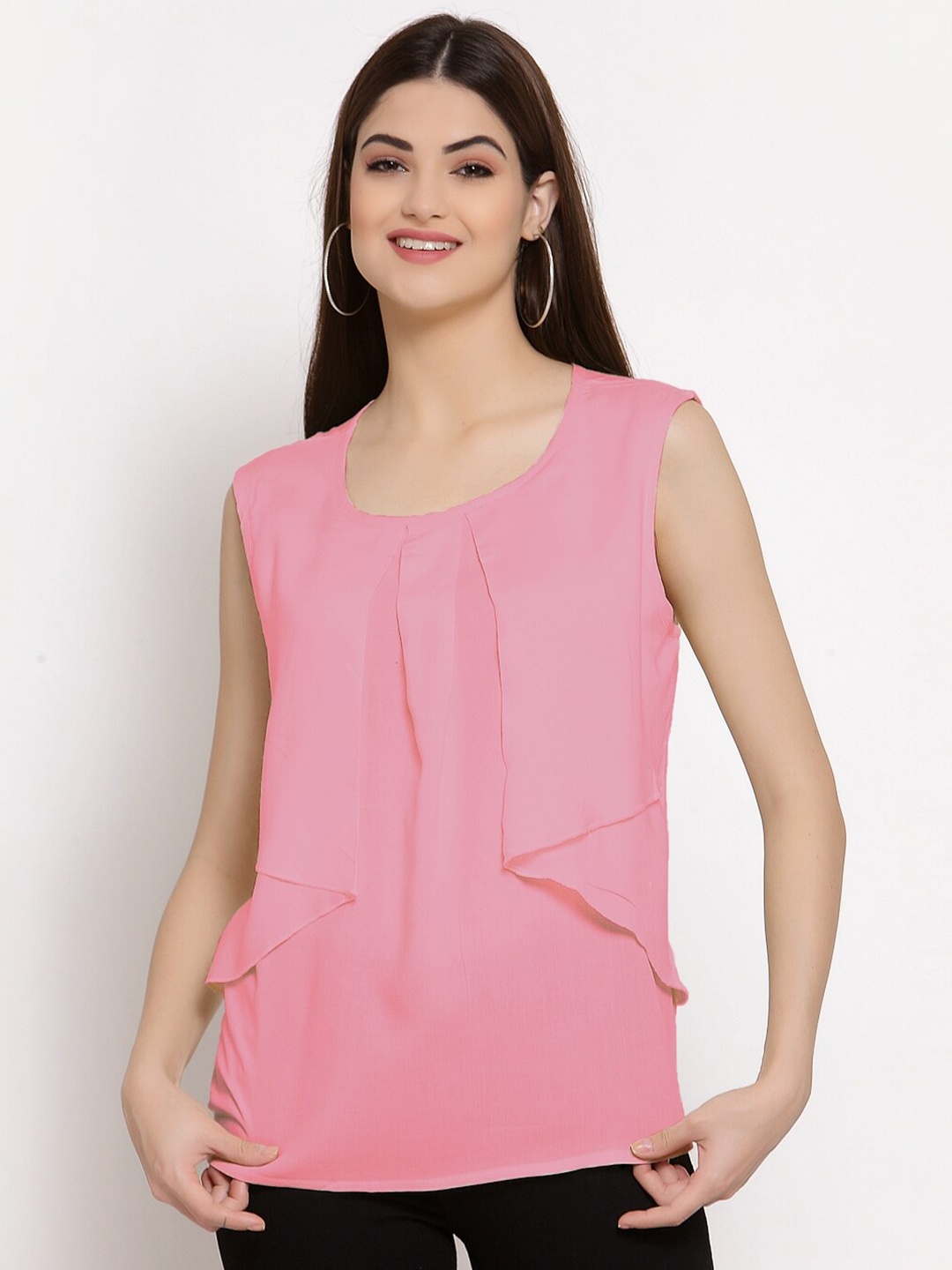 

PATRORNA Women Pink Sleeveless Round Neck Asymmetric Top