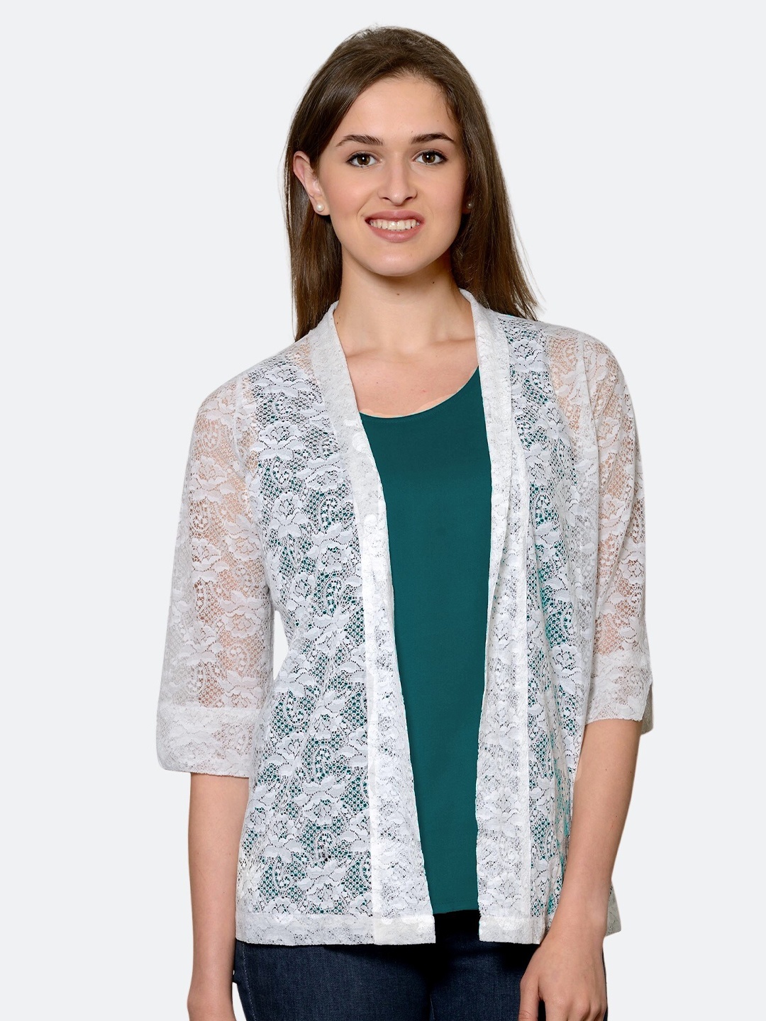 

PATRORNA Women Green And White Solid Camisole Top With Lace Shrug