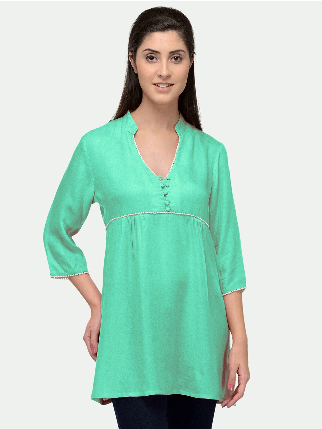 

PATRORNA Women Sea Green Solid Mandarin Collar Top