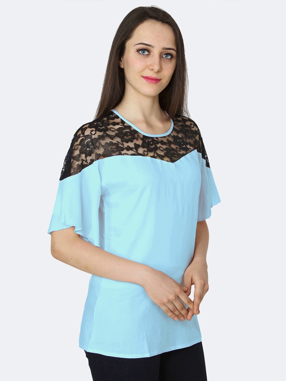 

PATRORNA Women Light Blue And Black Lace Detail Extended Sleeves Top