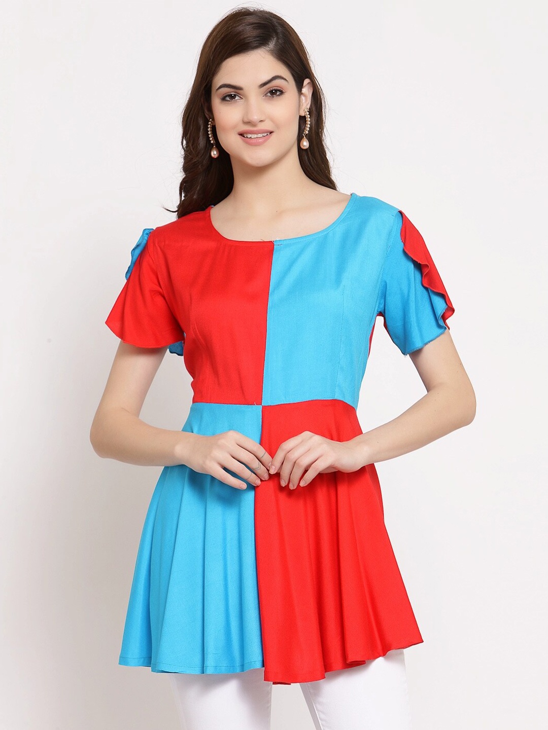 

PATRORNA Women Red And Blue Colourblocked Flared Sleeves Peplum Top