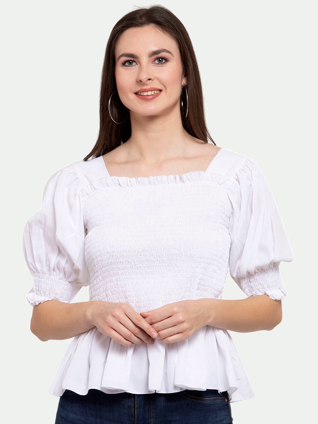 

PATRORNA Women White Smocked Detail Square Neck Puff Sleeves Peplum Top