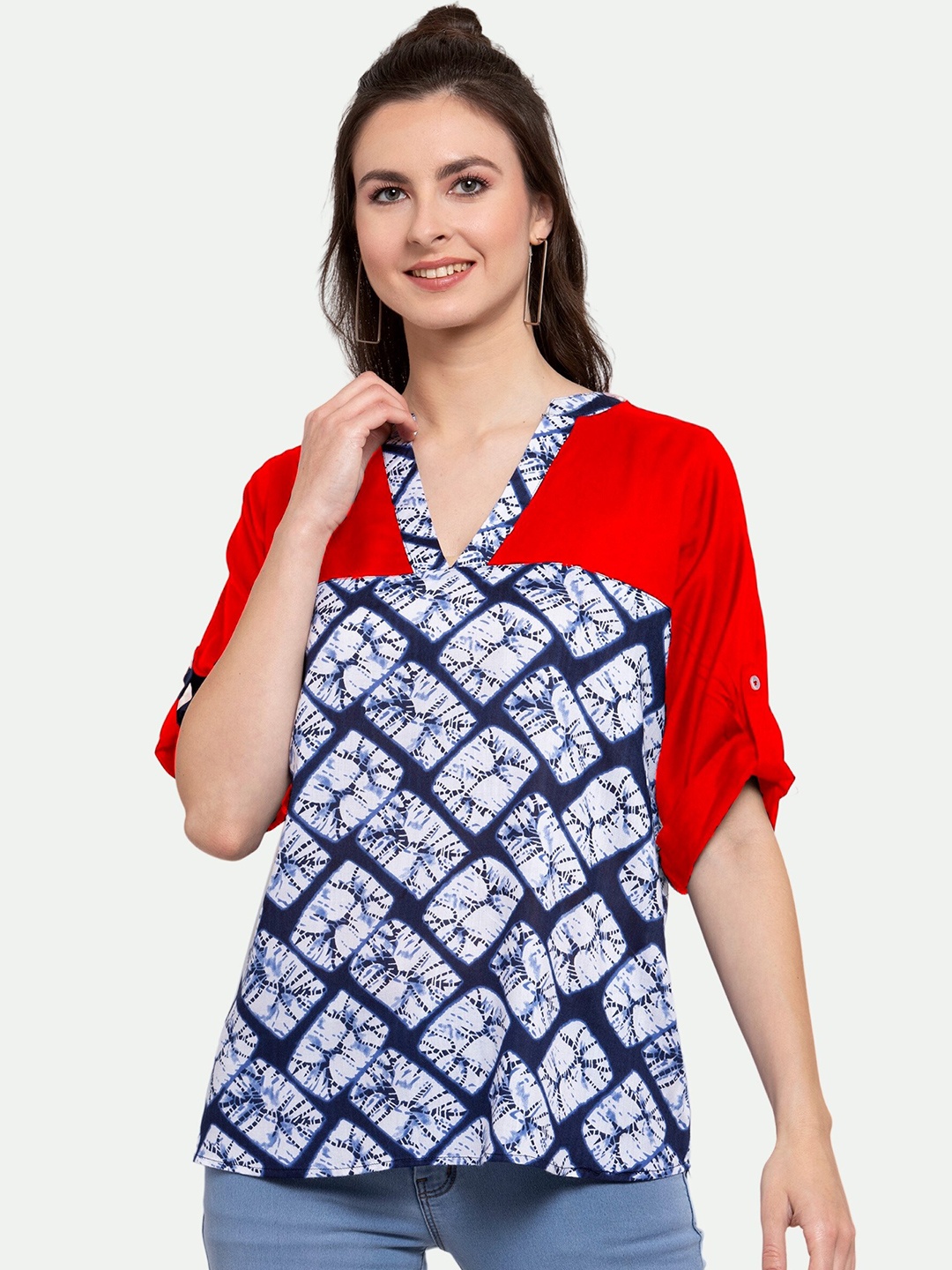 

PATRORNA Women Blue And Red Printed Roll Up Sleeves Top