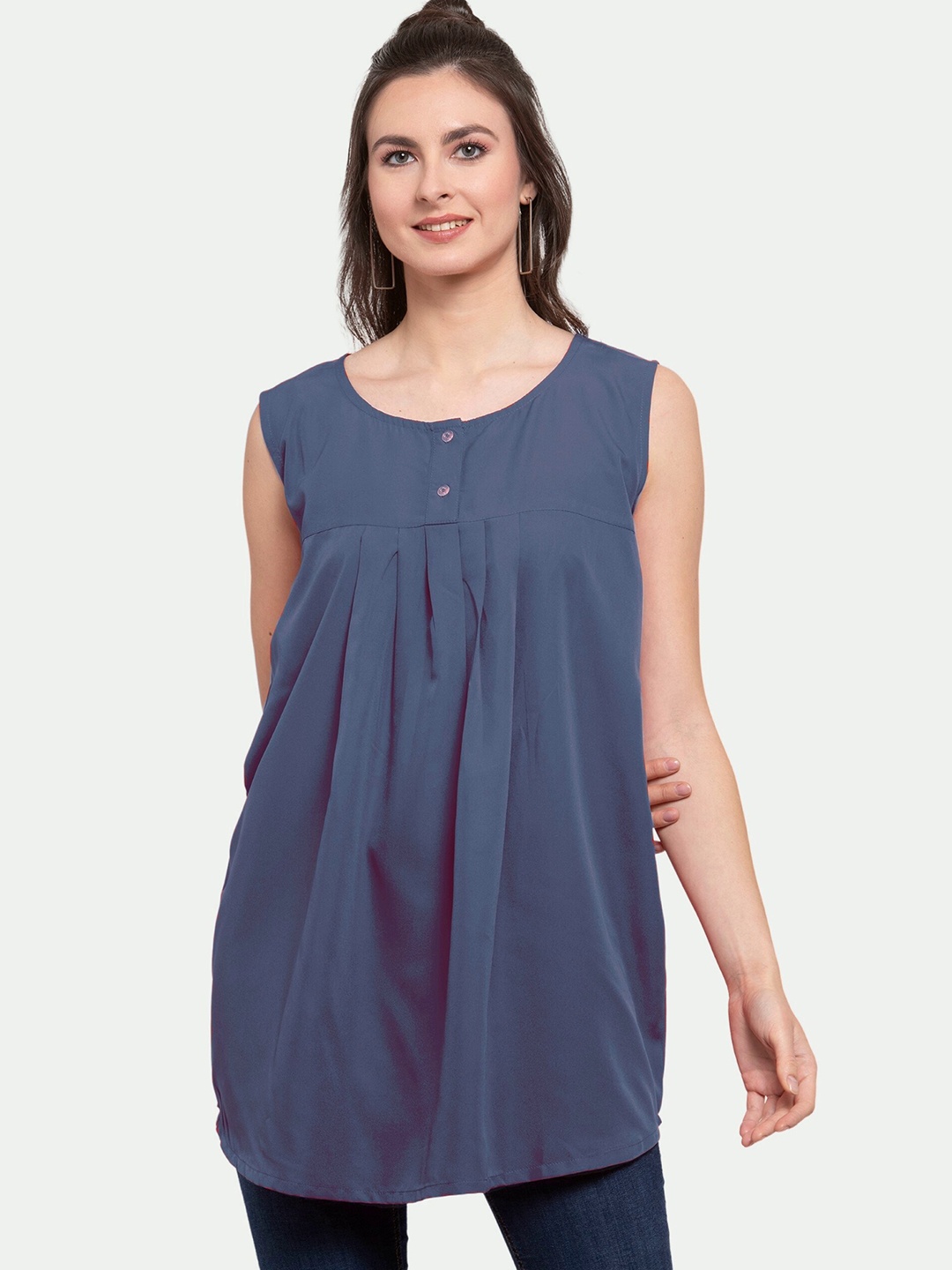 

PATRORNA Women Grey Accordion Pleats Henley Neck Longline Top