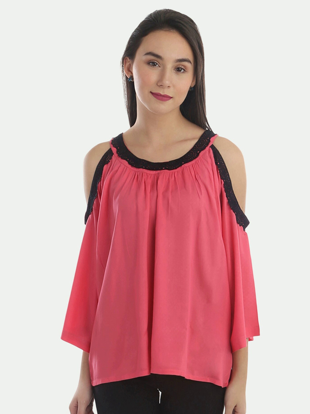 

PATRORNA Women Pink Solid Cold-Shoulder Sleeves Cotton Blend Top