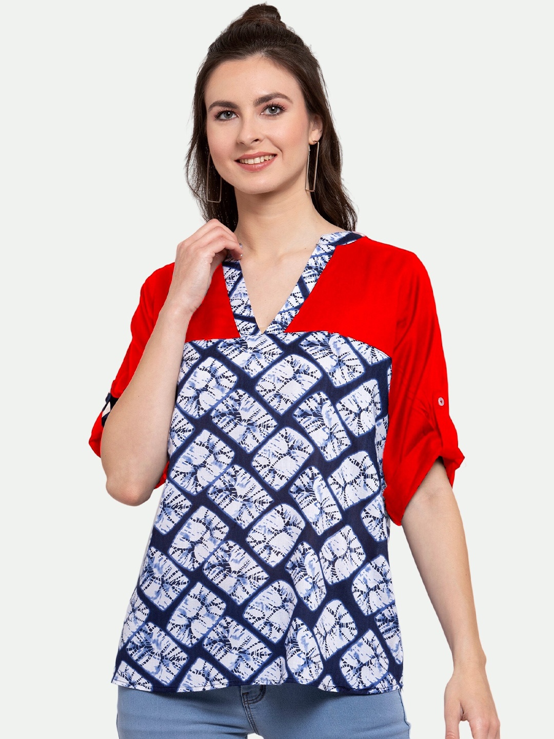 

PATRORNA Women Print Roll-Up Sleeves Top, Blue