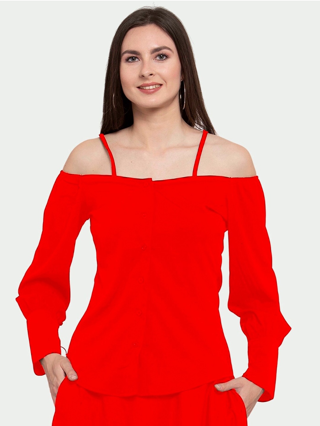 

PATRORNA Women Red Solid Off-Shoulder Shirt Style Cotton Blend Top
