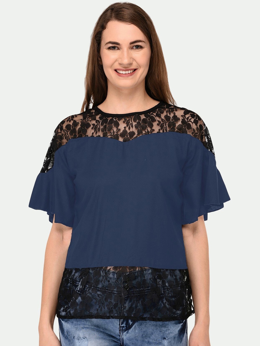 

PATRORNA Plus Size Lace-Detail Boxy Top, Navy blue