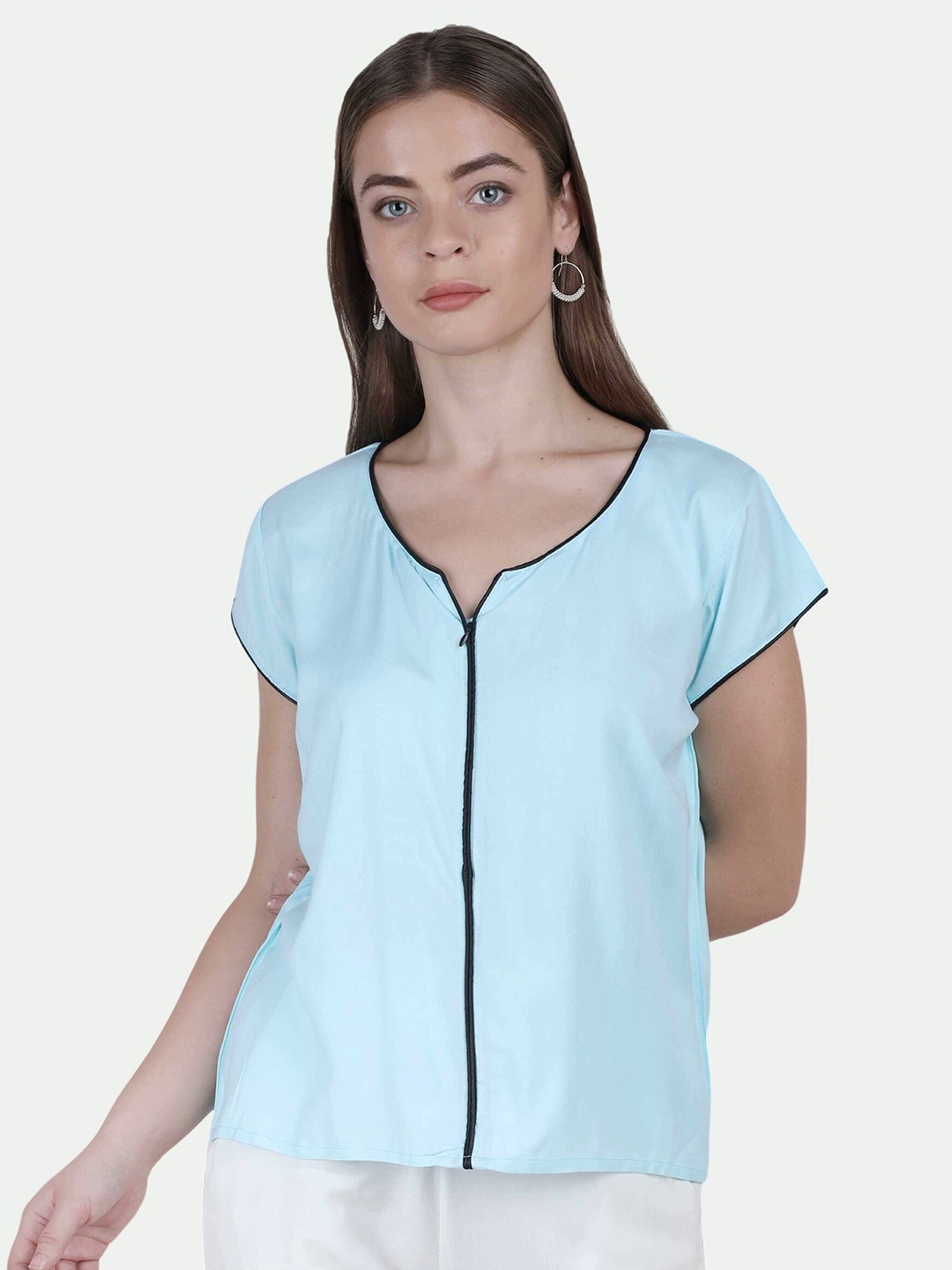

PATRORNA Women Blue Solid Round Neck Cotton Blend Top
