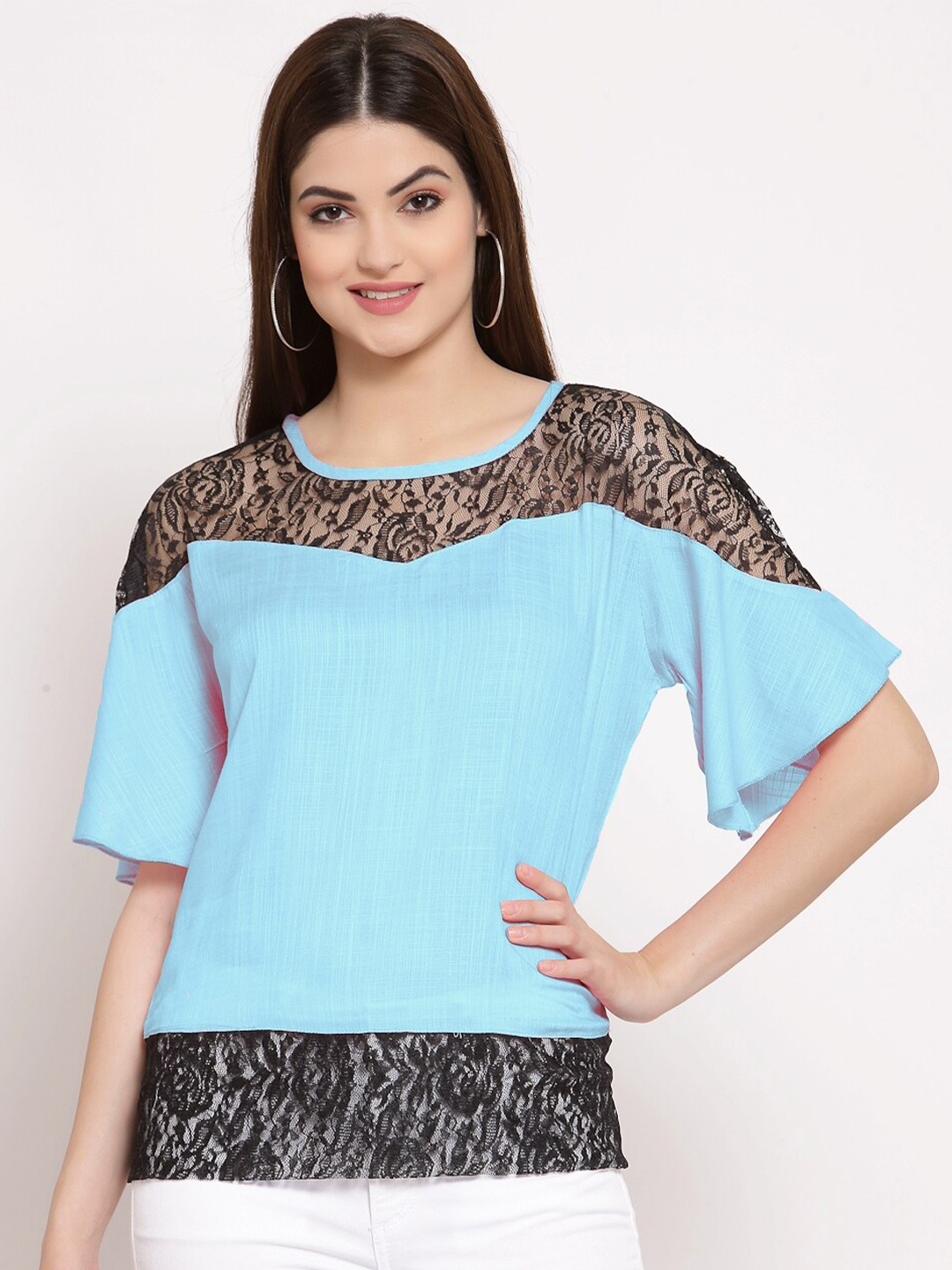 

PATRORNA Women Blue & Black Lace Work Flared Sleeves Top