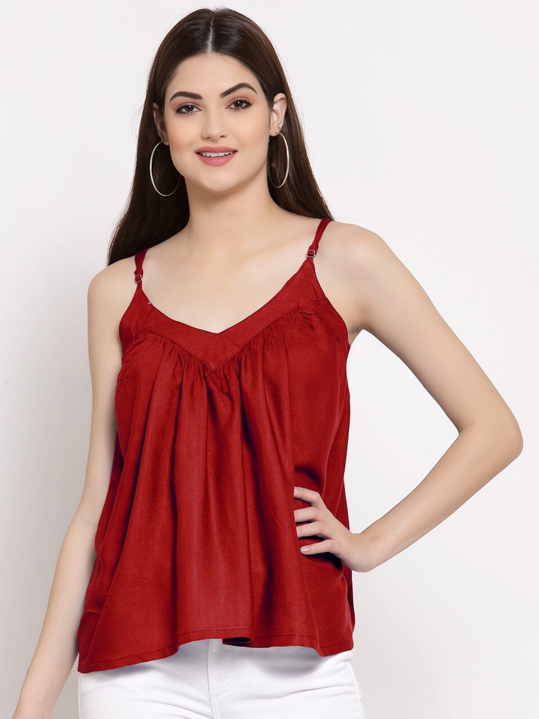 

PATRORNA Women Maroon Solid Shoulder Straps Asymmetrical Top
