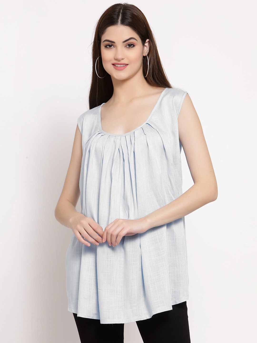 

PATRORNA Women Plus Size White Solid Pleated A-Line Top