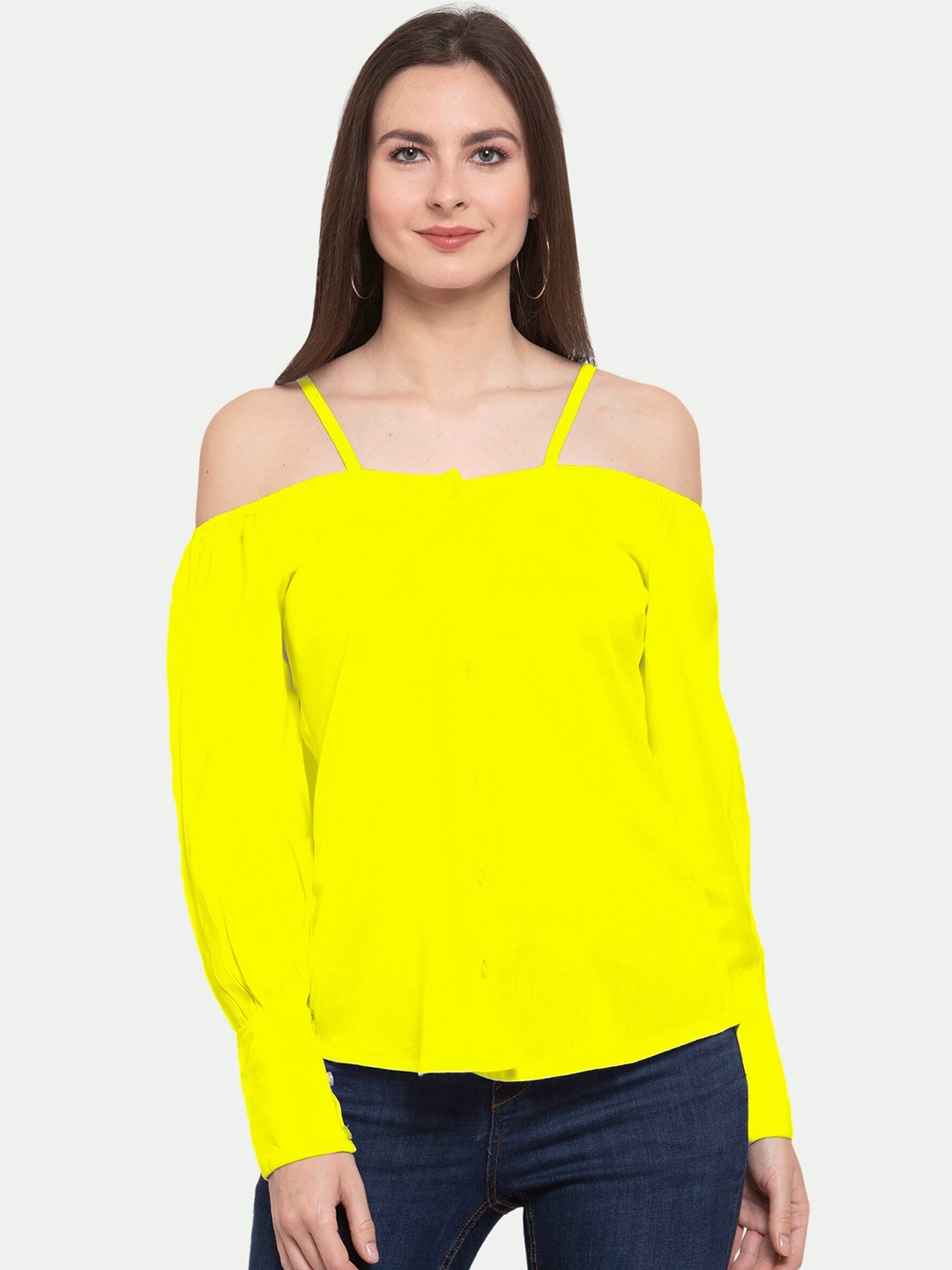 

PATRORNA Women Plus Size Yellow Solid Off Shoulder Shirt Style Top