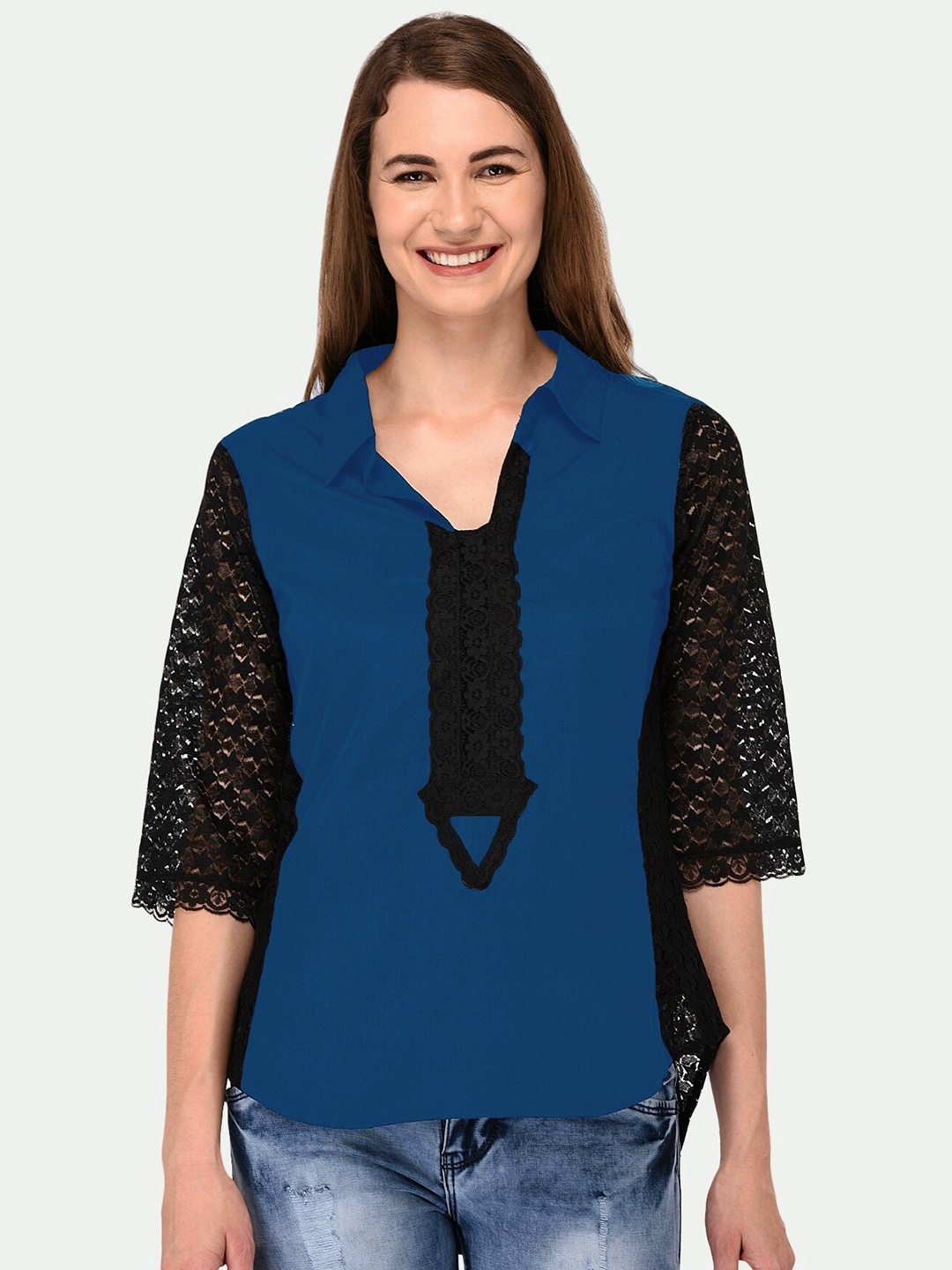 

PATRORNA Women Plus Size Blue & Black High-Low Shirt Style Top