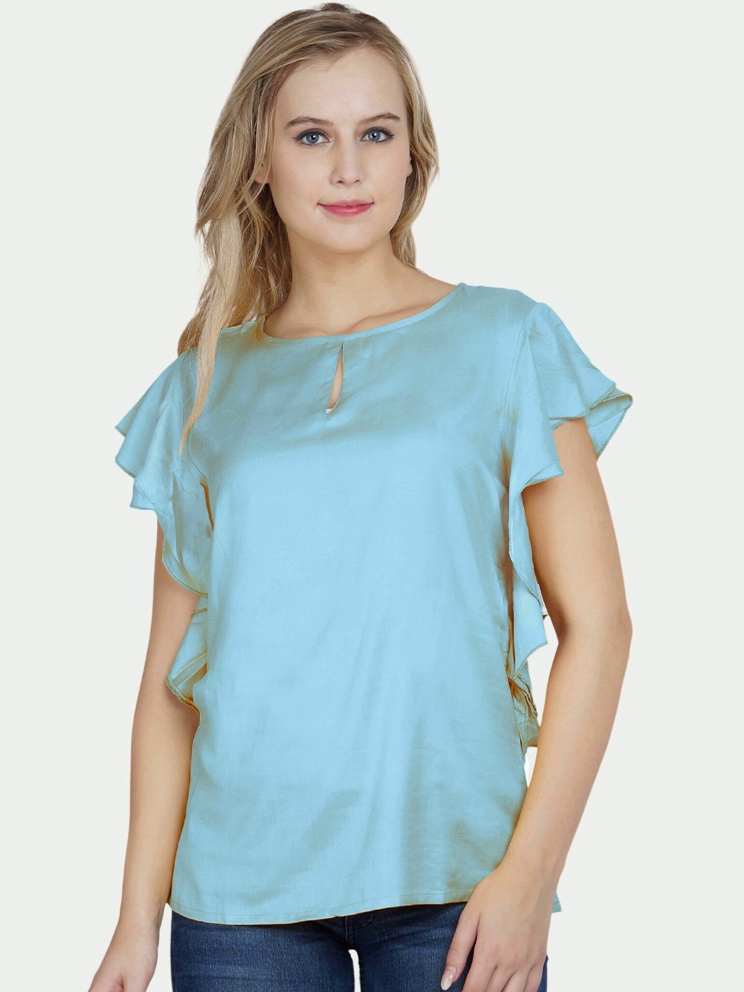 

PATRORNA Women Keyhole Neck Ruffles Top, Blue