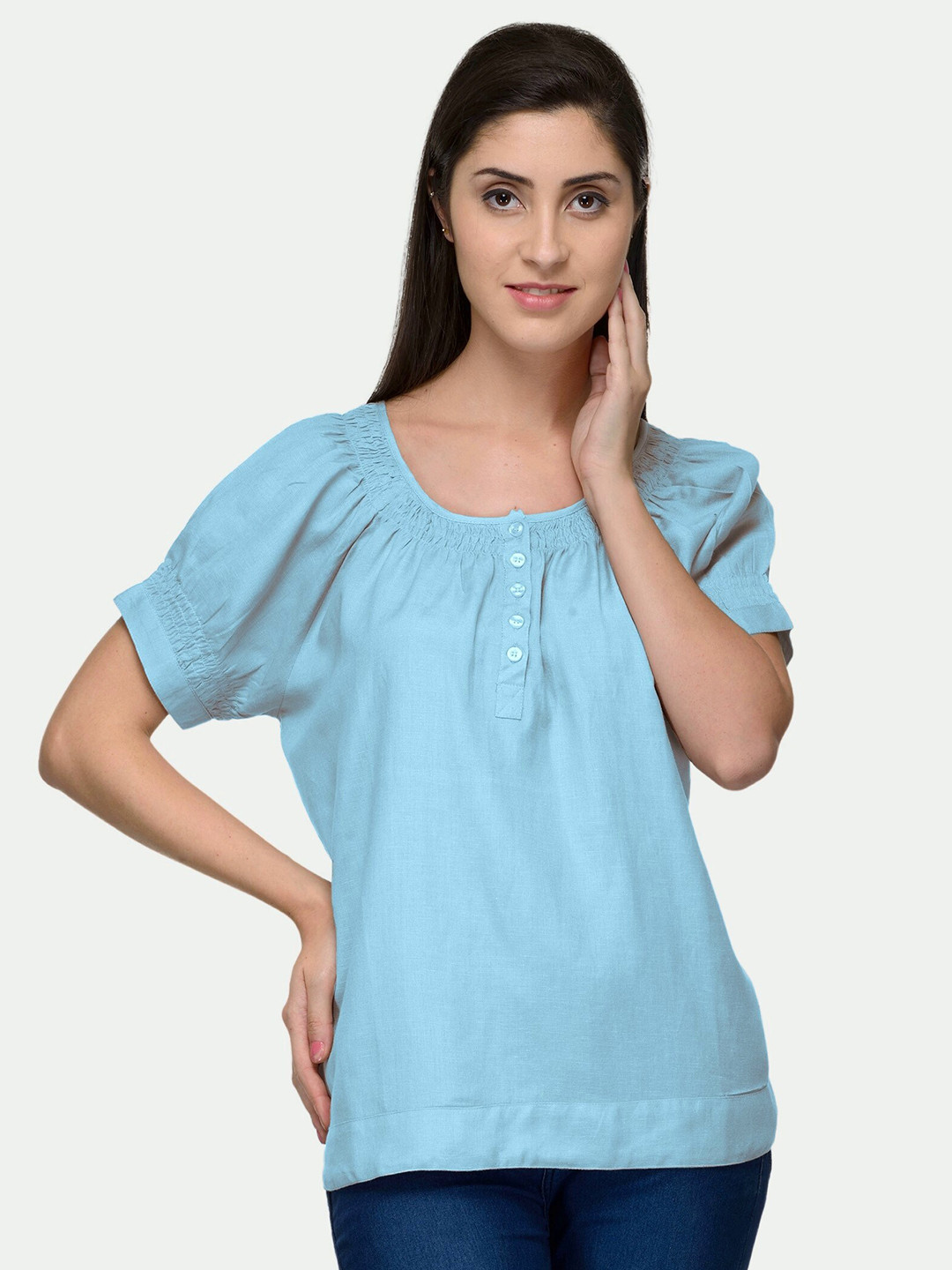 

PATRORNA Women Plus Size Blue Smocked Casual Top