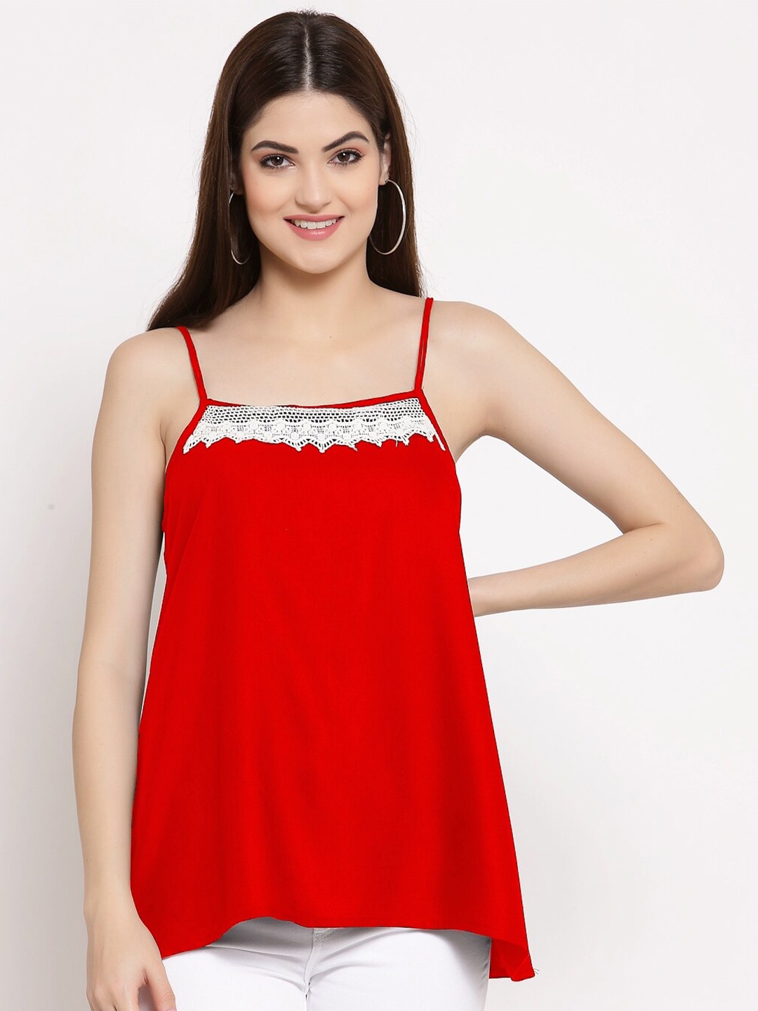 

PATRORNA Women Plus Size Red & White Lace Inserted Regular Top